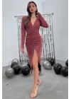 Sholder Padded Shirring and Slit Dress / Dusty Rose