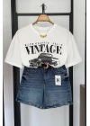 Vintage Araba Baskılı T-shirt Krem