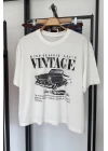Vintage Araba Baskılı T-shirt Krem