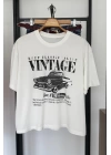 Vintage Araba Baskılı T-shirt Krem