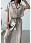 Yüksek Bel Pantolon Crop Takım Vizon