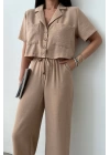 Yüksek Bel Pantolon Crop Takım Camel