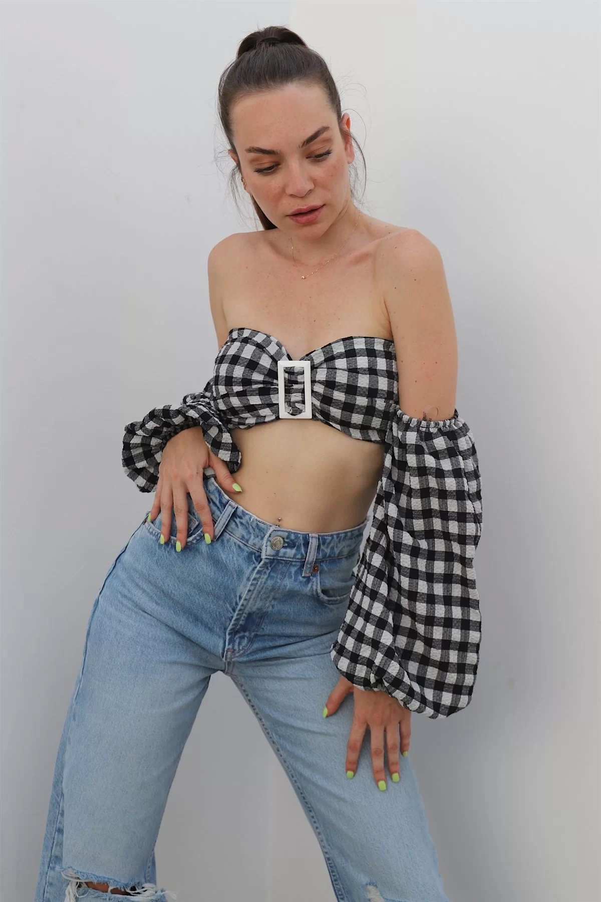 Front Buckled Plaid Puckered Blouse
