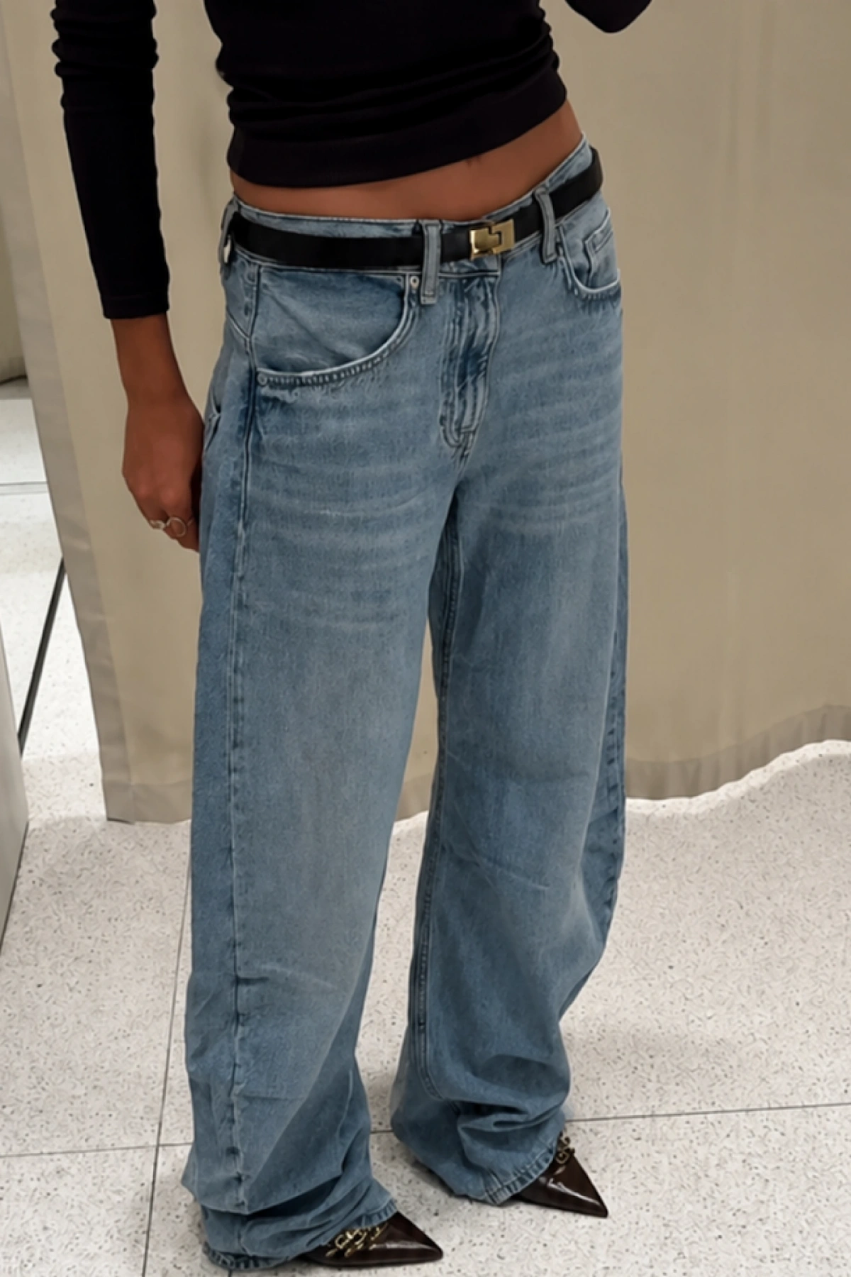 1004 Wide Leg Yıkamalı Jean Mavi