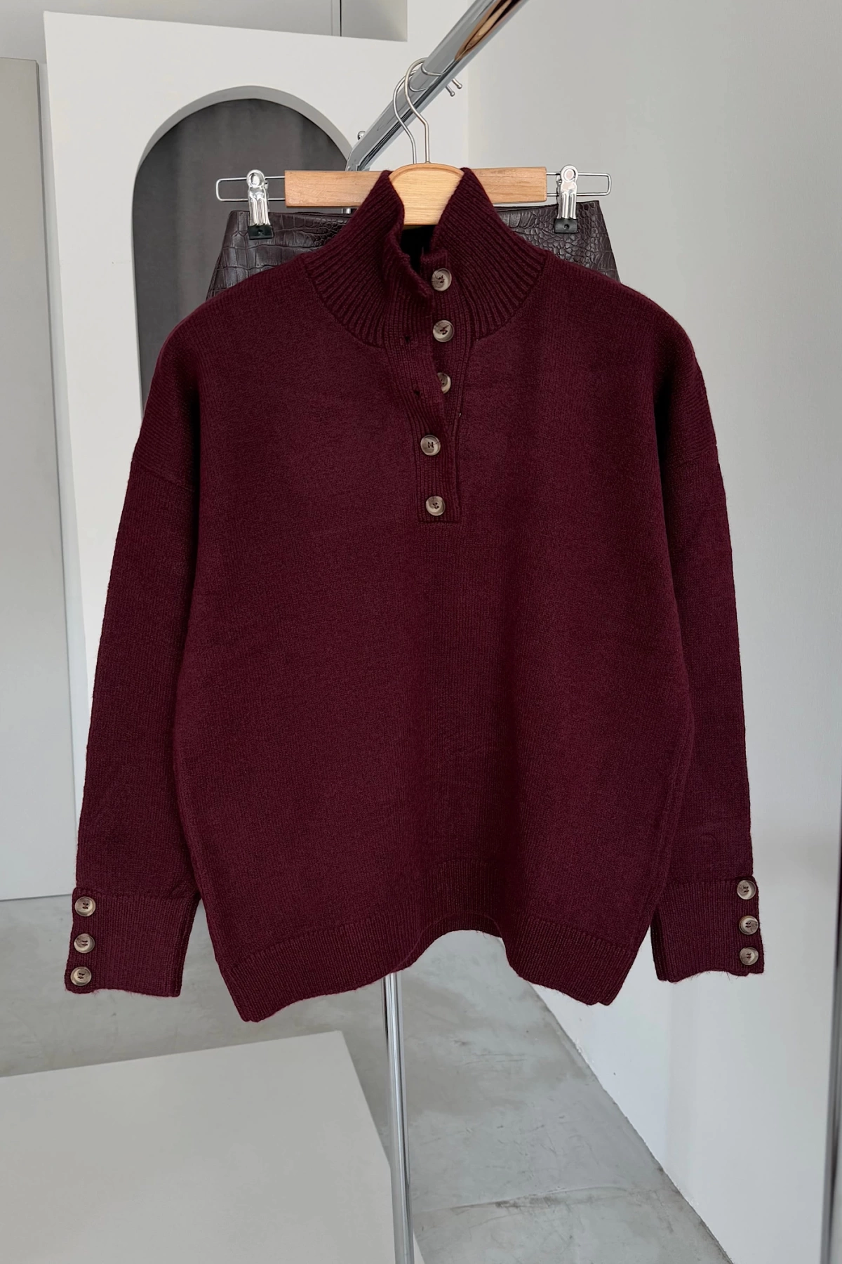 11 Düğmeli Oversize Kazak Bordo