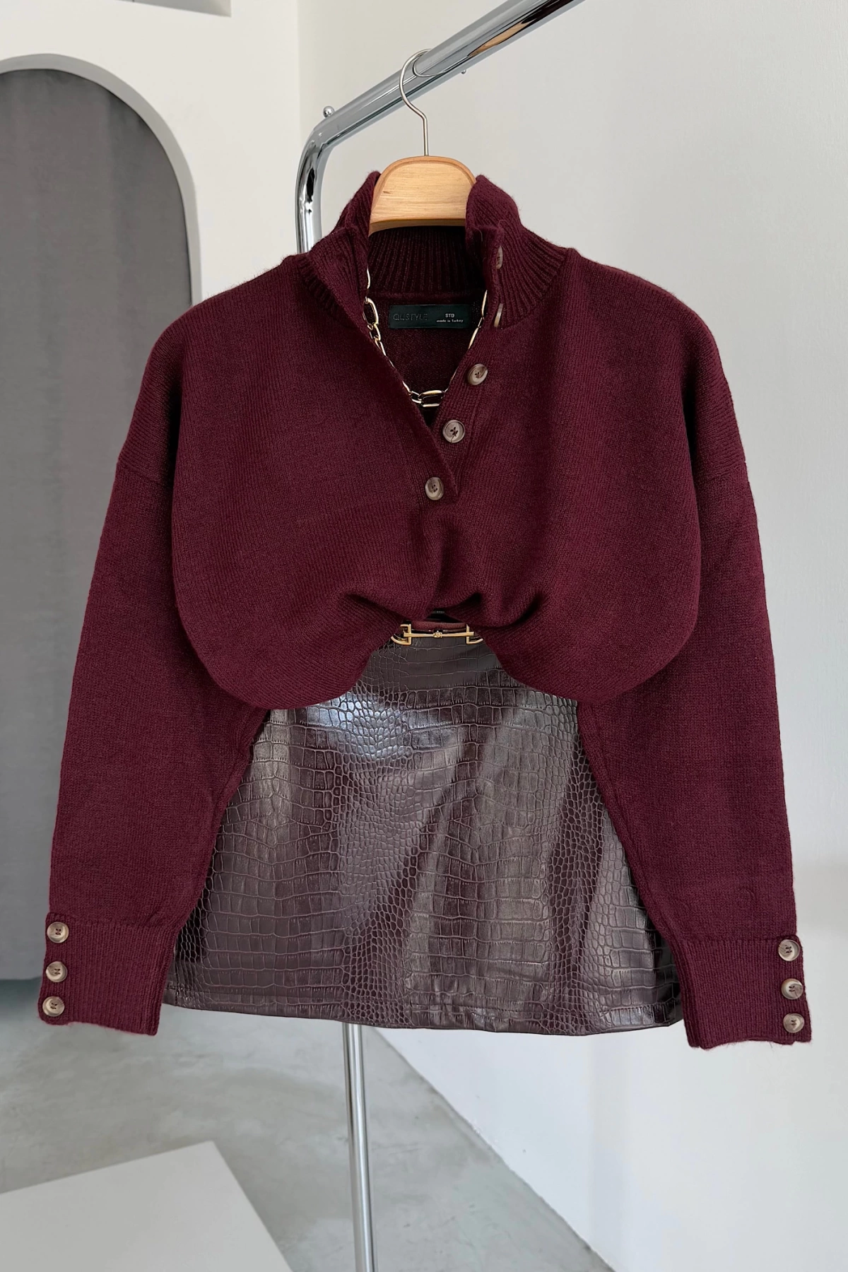 11 Düğmeli Oversize Kazak Bordo