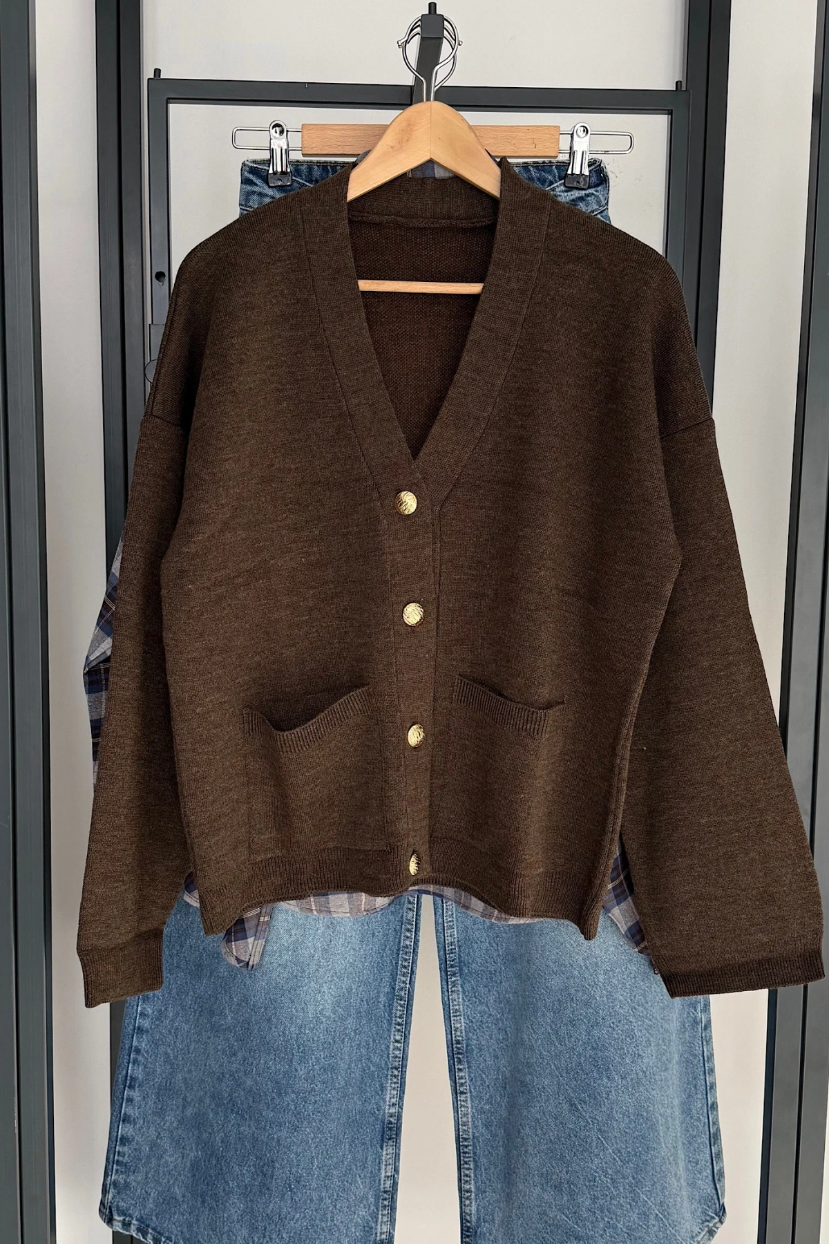 4 Düğmeli Hırka Kahve Melanj