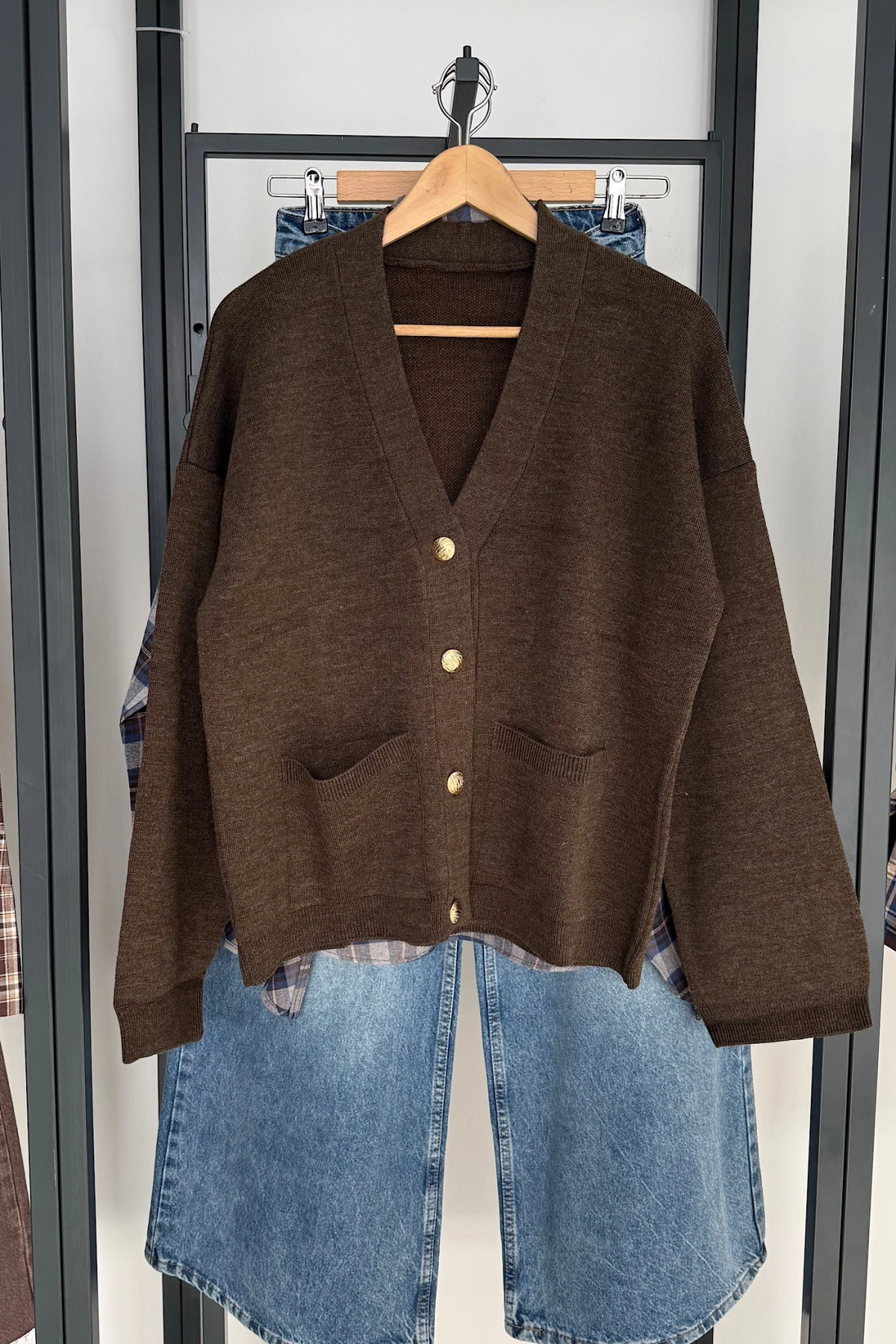 4 Düğmeli Hırka Kahve Melanj