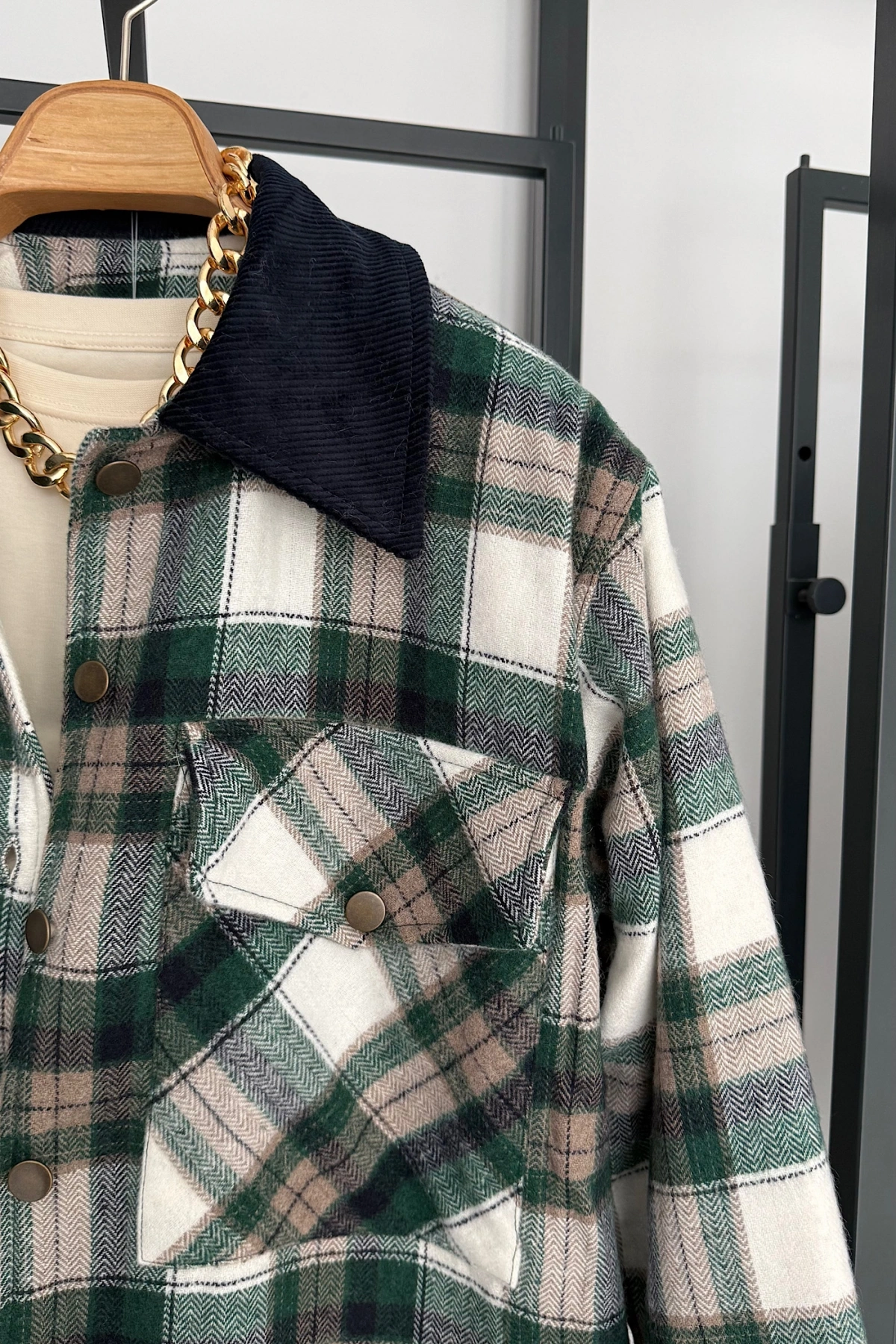 Kadife Detaylı Oduncu Ceket Haki