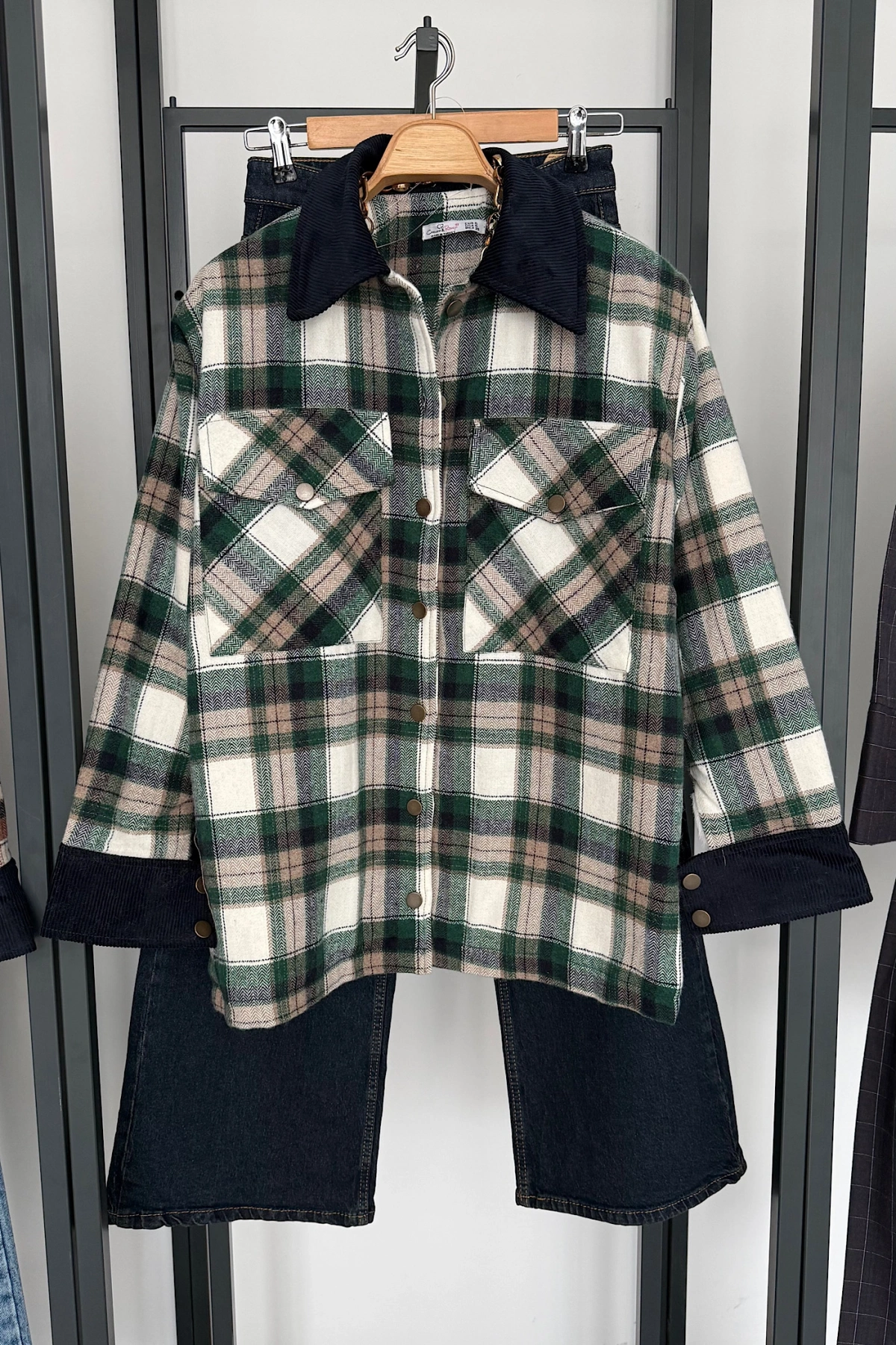 Kadife Detaylı Oduncu Ceket Haki