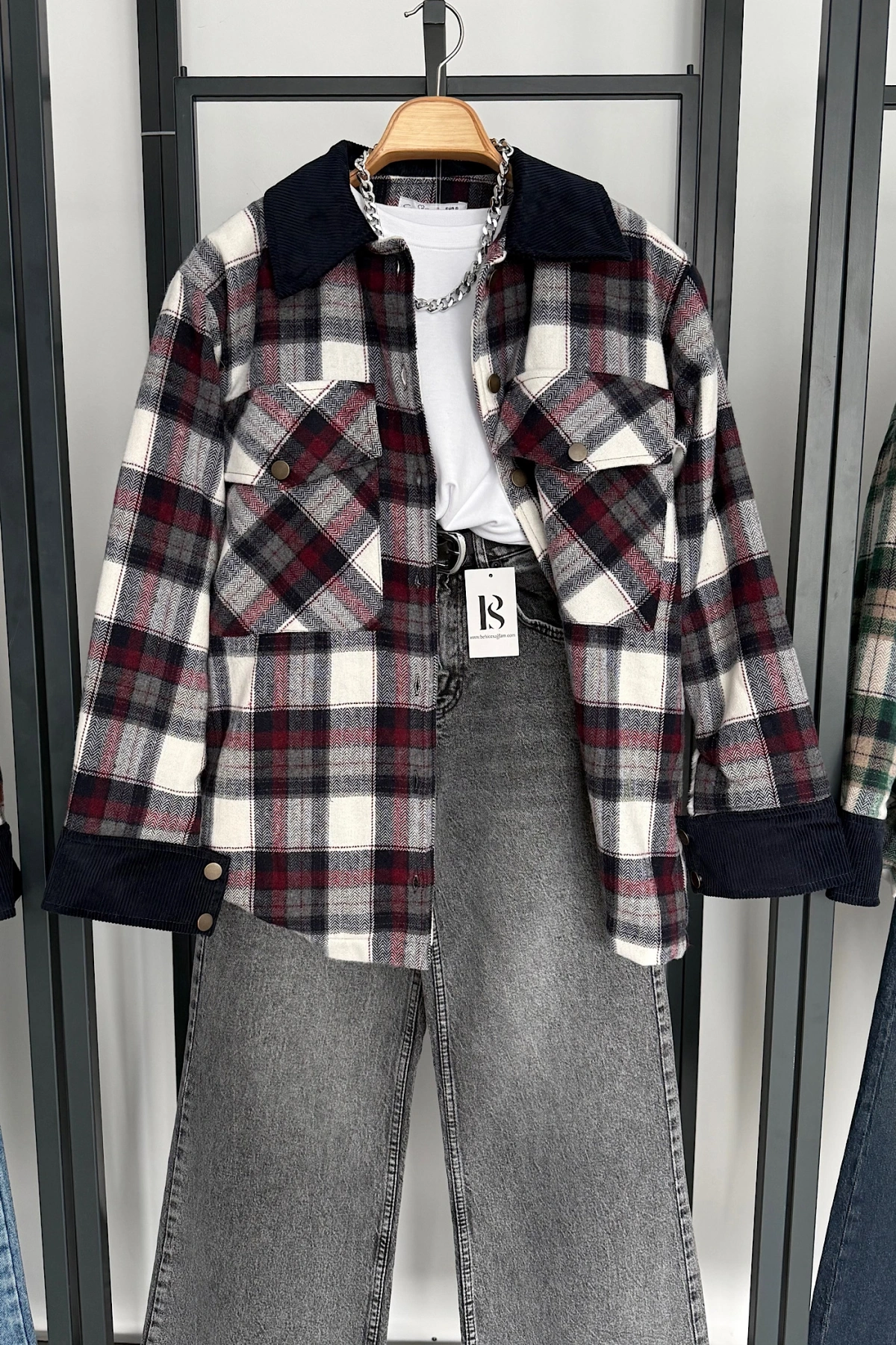 Kadife Detaylı Oduncu Ceket Bordo