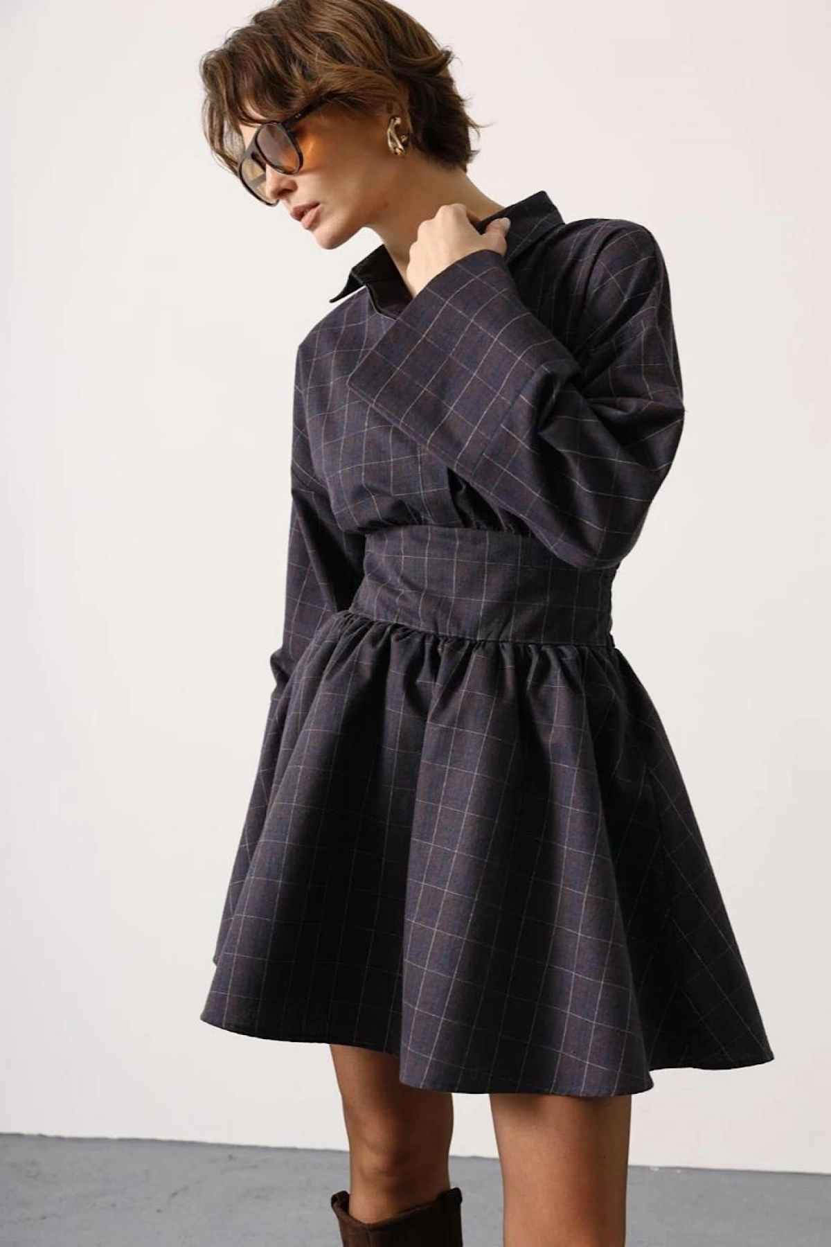 Bel Korse Detaylı Gömlek Elbise Lacivert