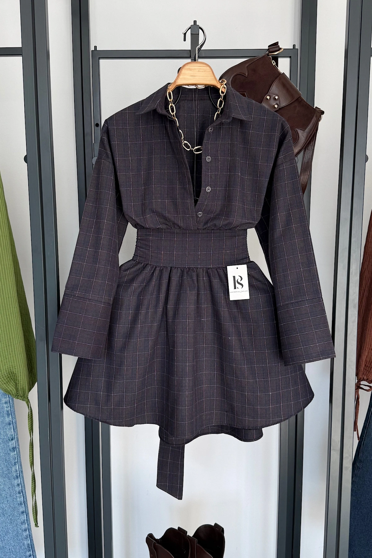 Bel Korse Detaylı Gömlek Elbise Lacivert