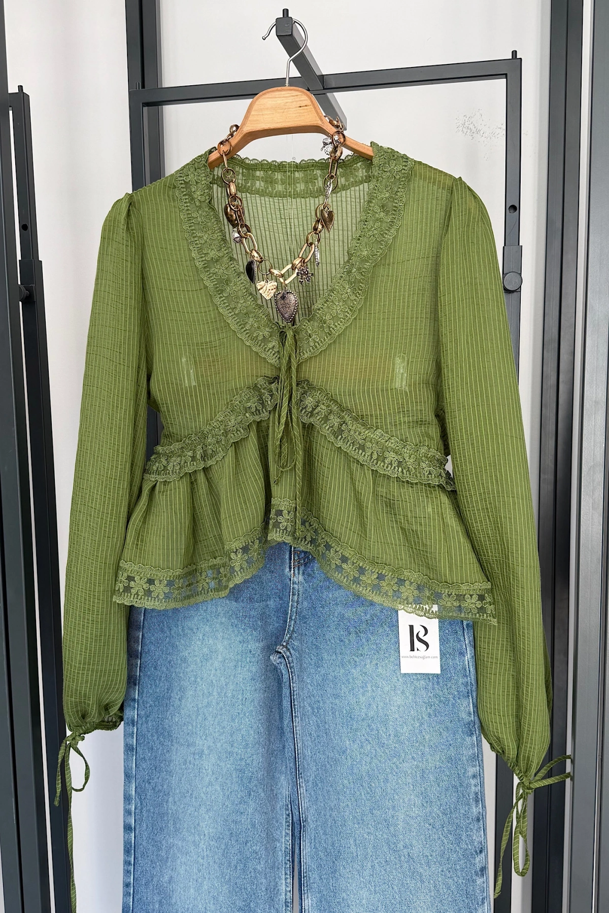 Dantelli Uzun Kol Bluz Yeşil