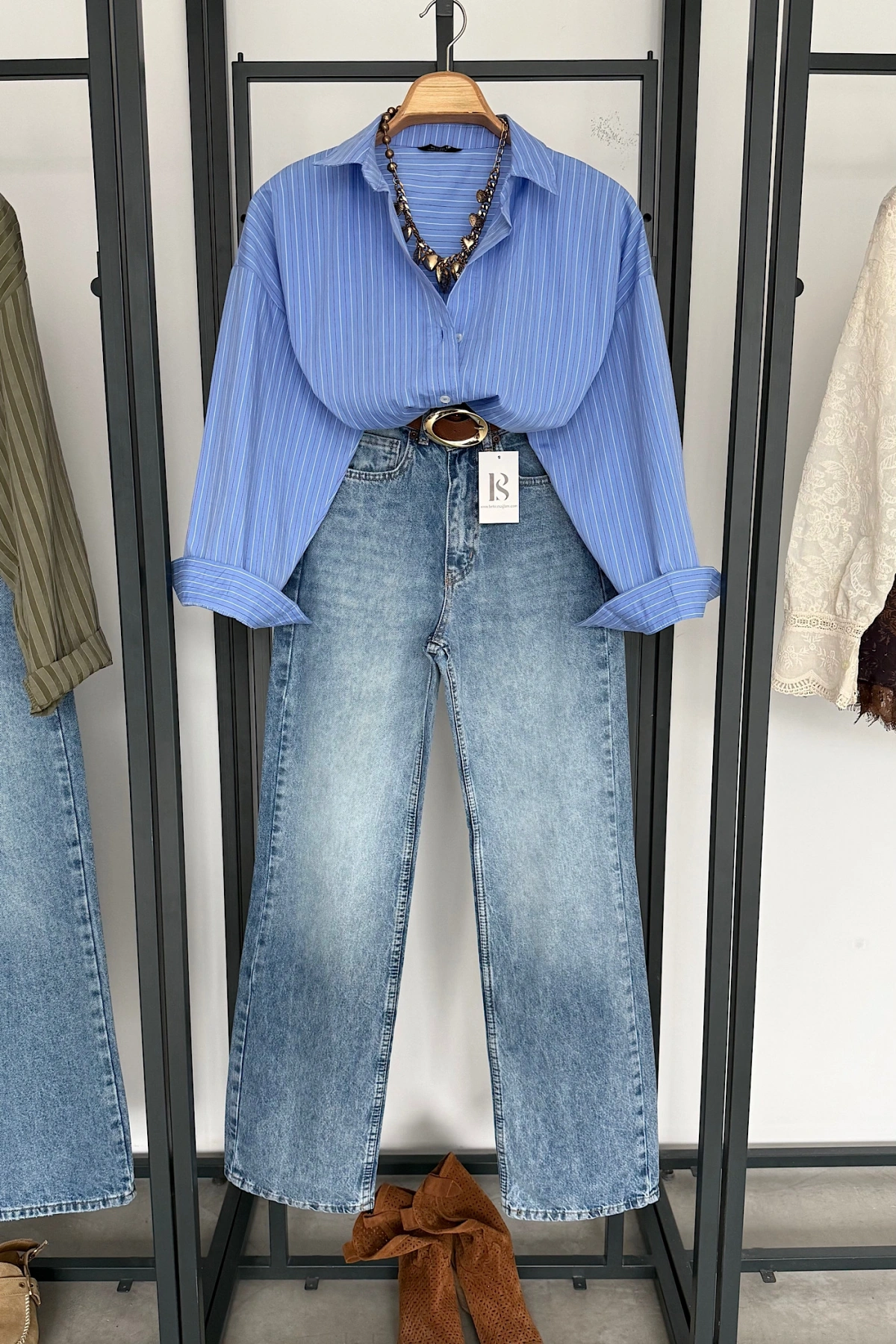 İnce Şerit Çizgili Gömlek Mavi