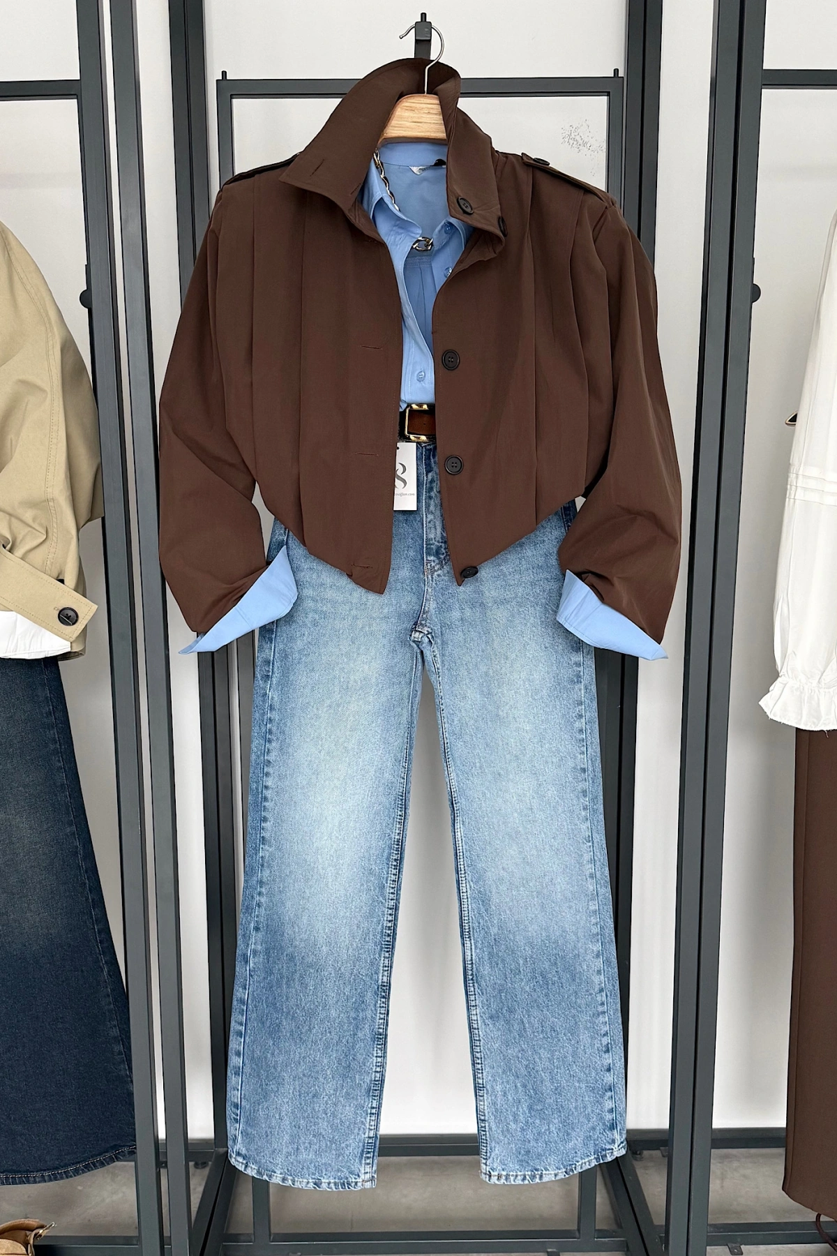 Vatkalı Pile Detay Trenç Kahverengi