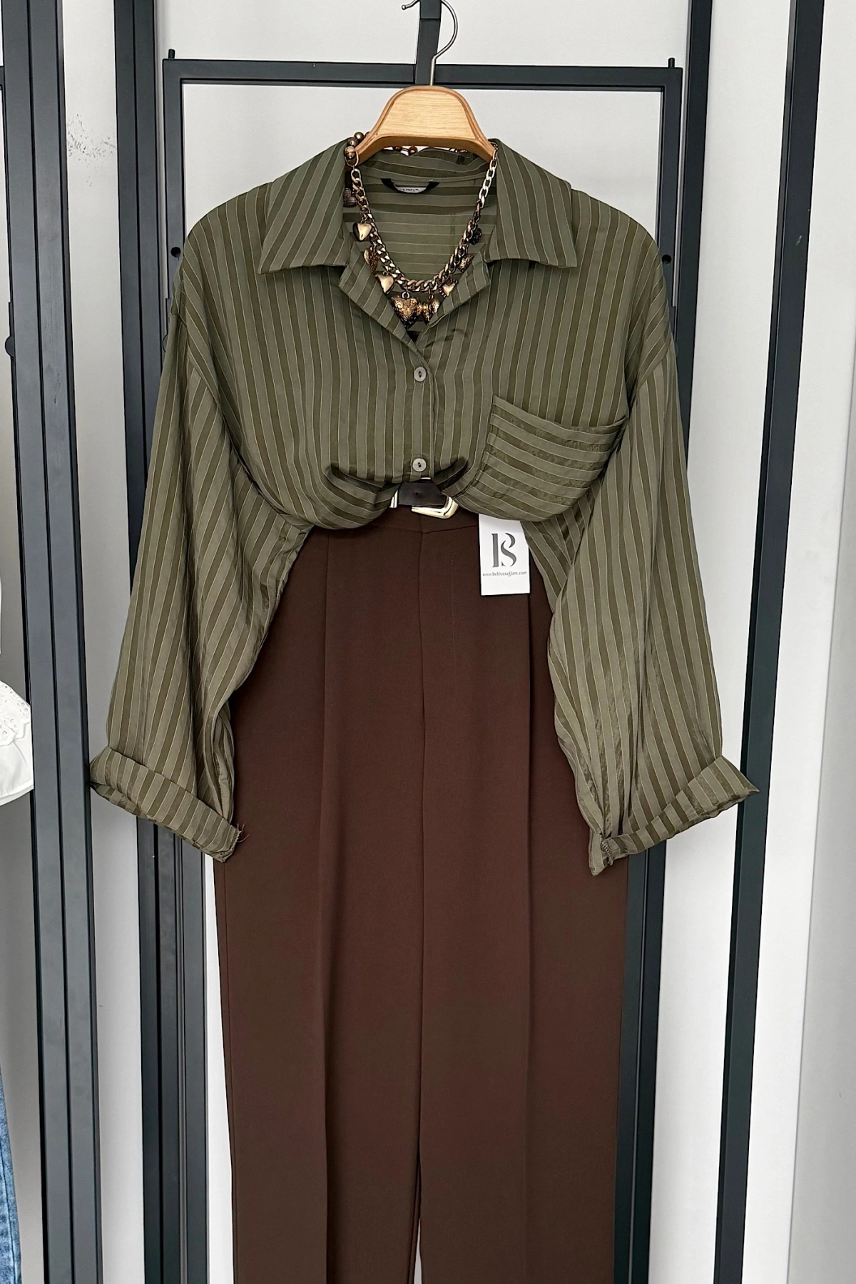 Çizgi Desen Oversize Gömlek Haki