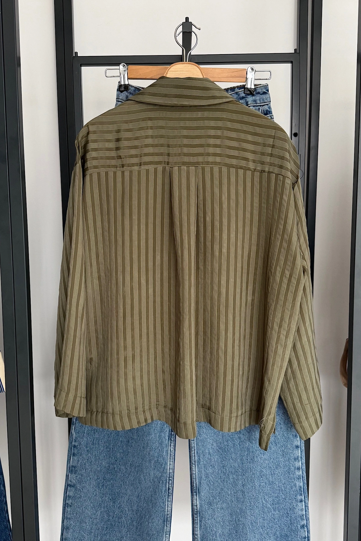 Çizgi Desen Oversize Gömlek Haki