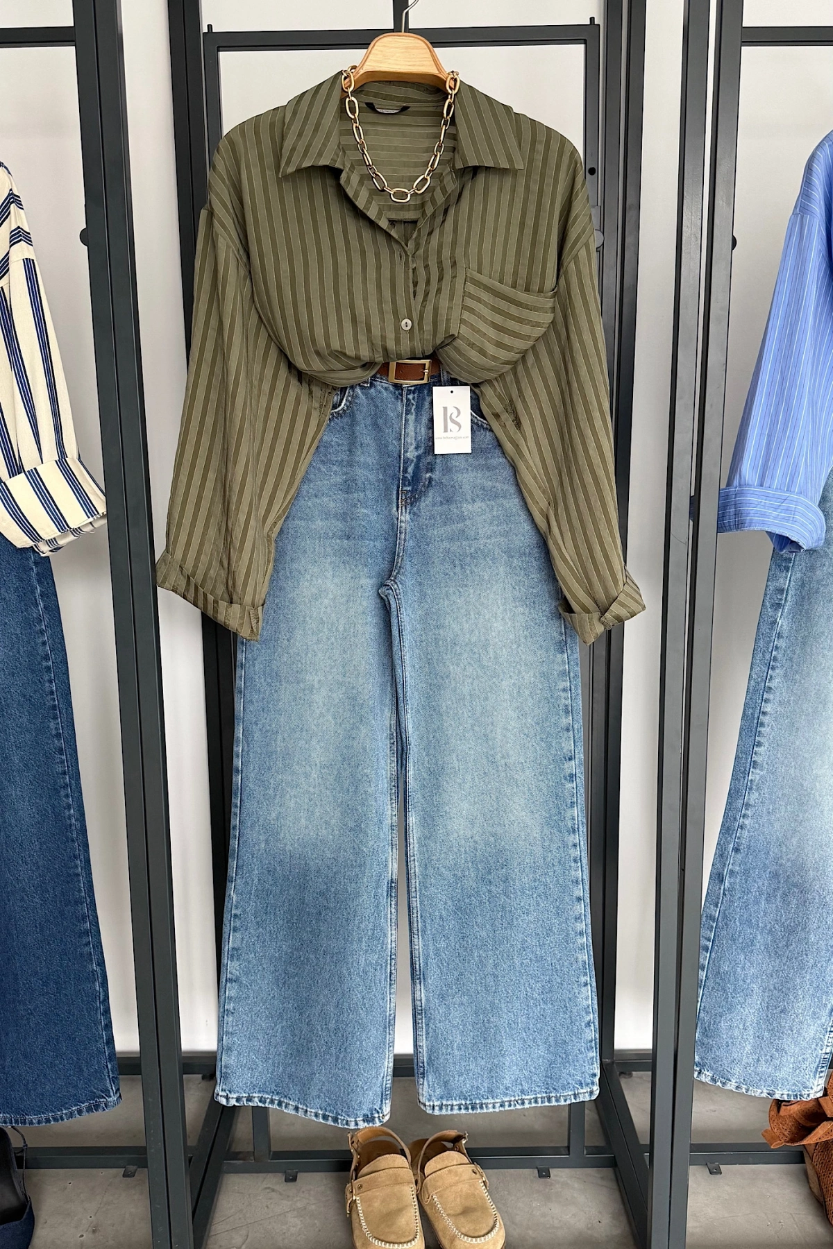 Çizgi Desen Oversize Gömlek Haki