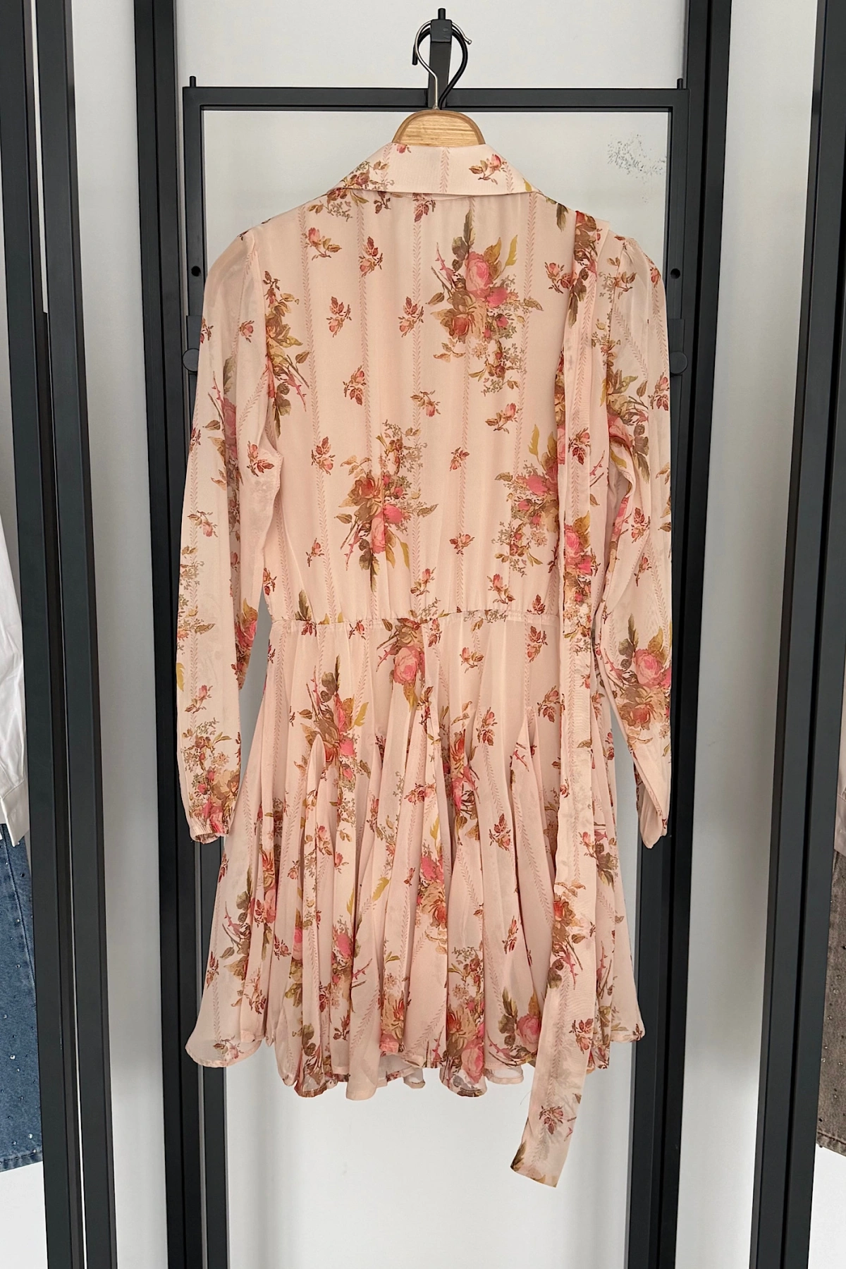 Gömlek Yaka Mini Şifon Elbise Bej