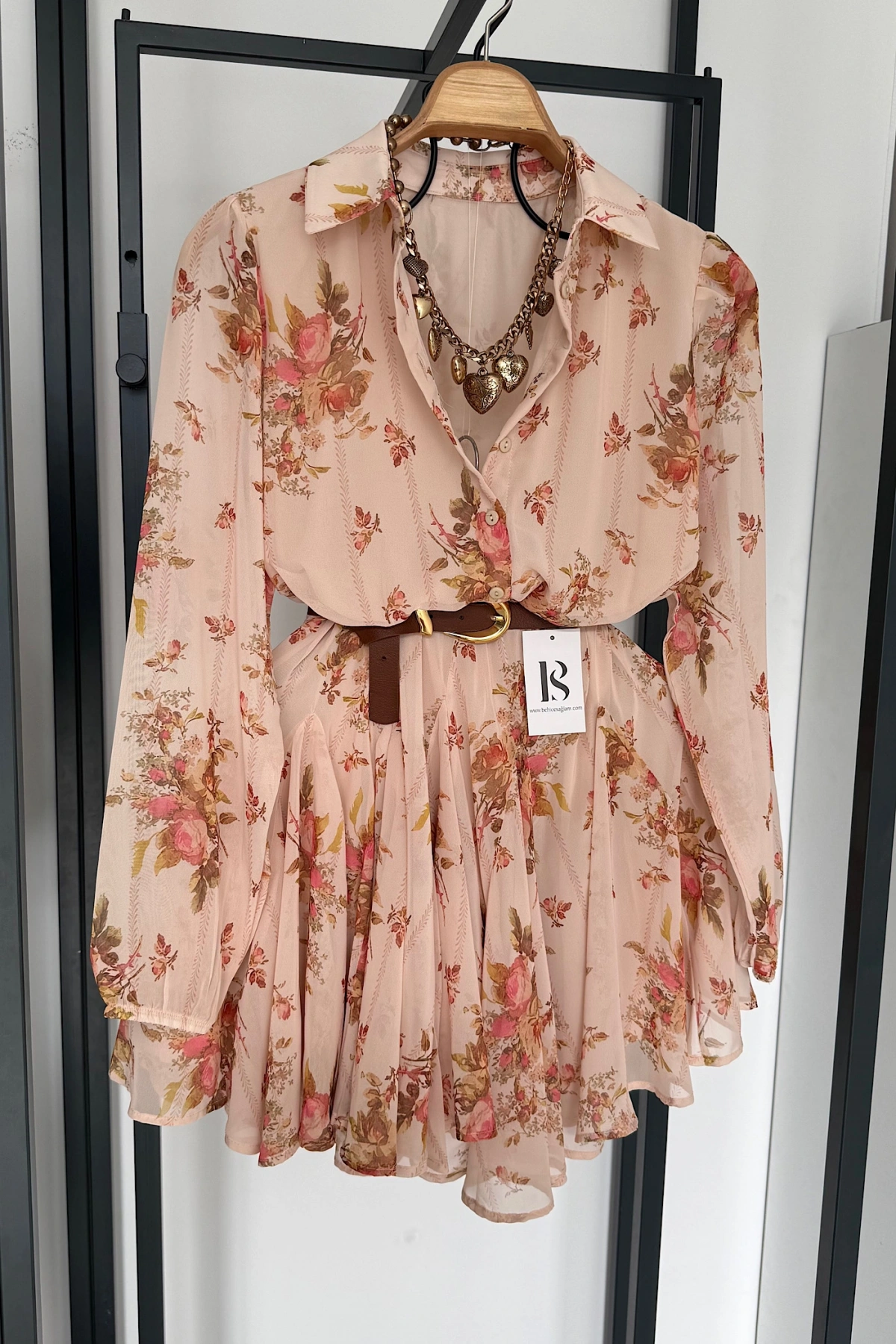 Gömlek Yaka Mini Şifon Elbise Bej