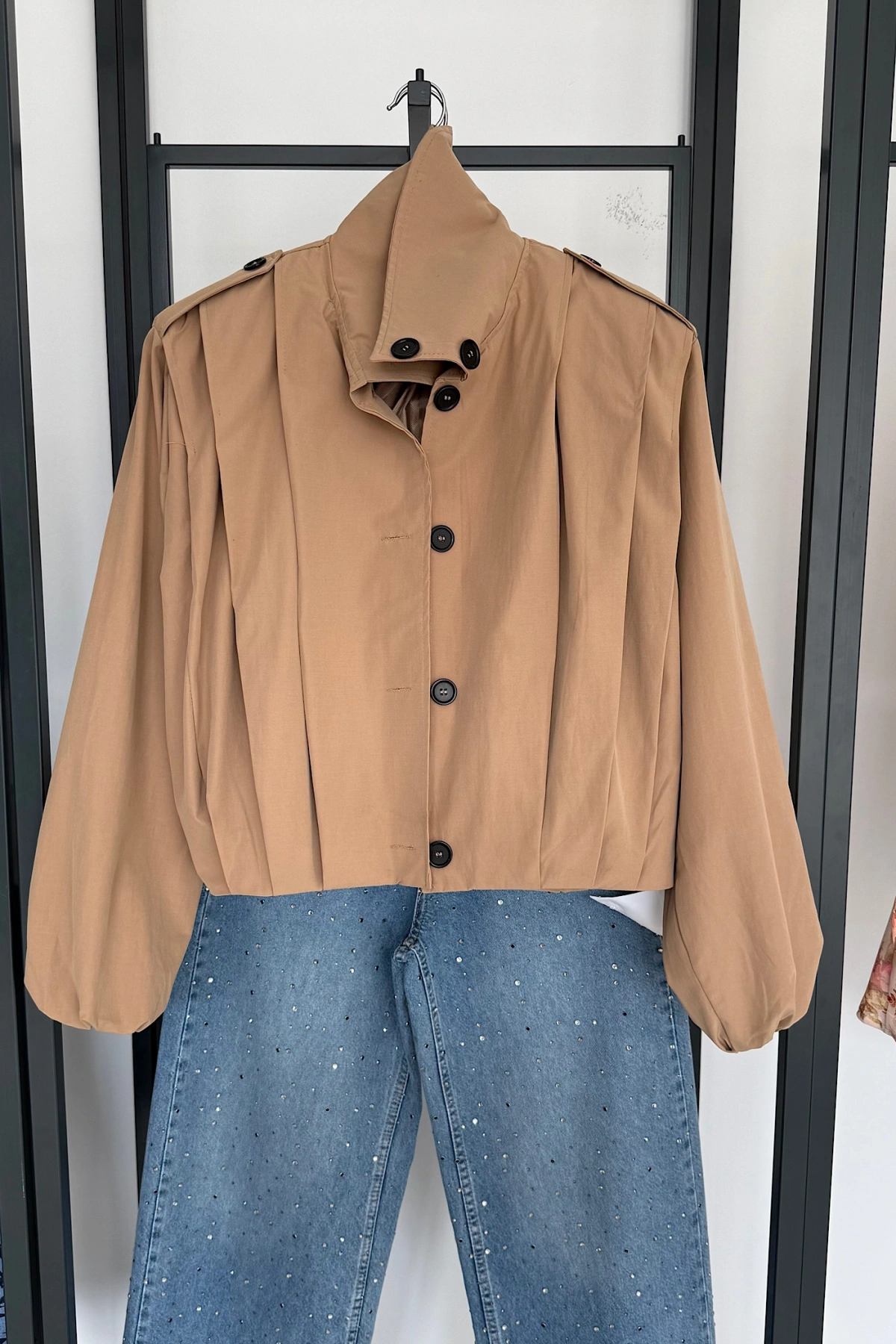 Vatkalı Pile Detay Trenç Camel