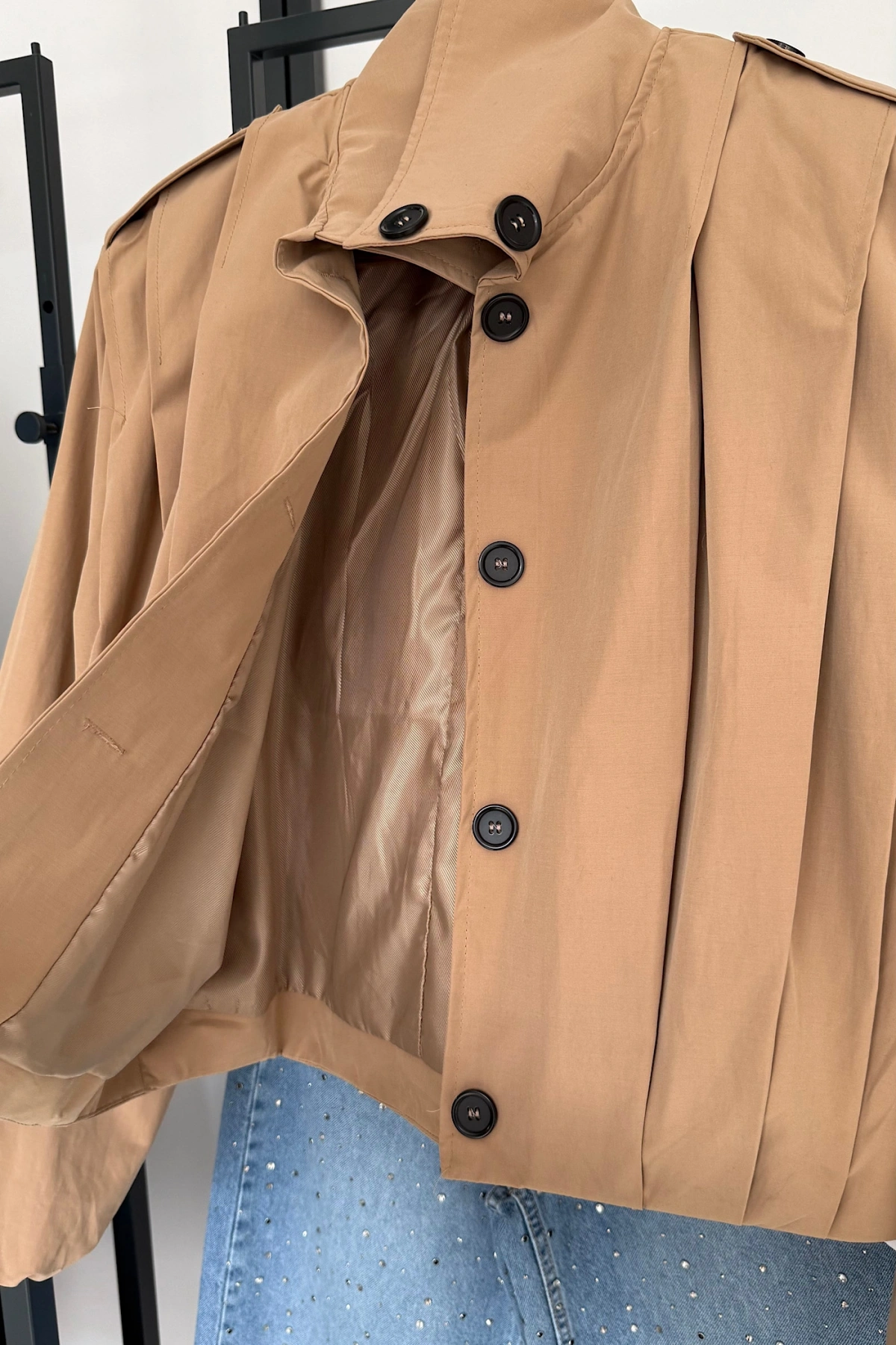 Vatkalı Pile Detay Trenç Camel