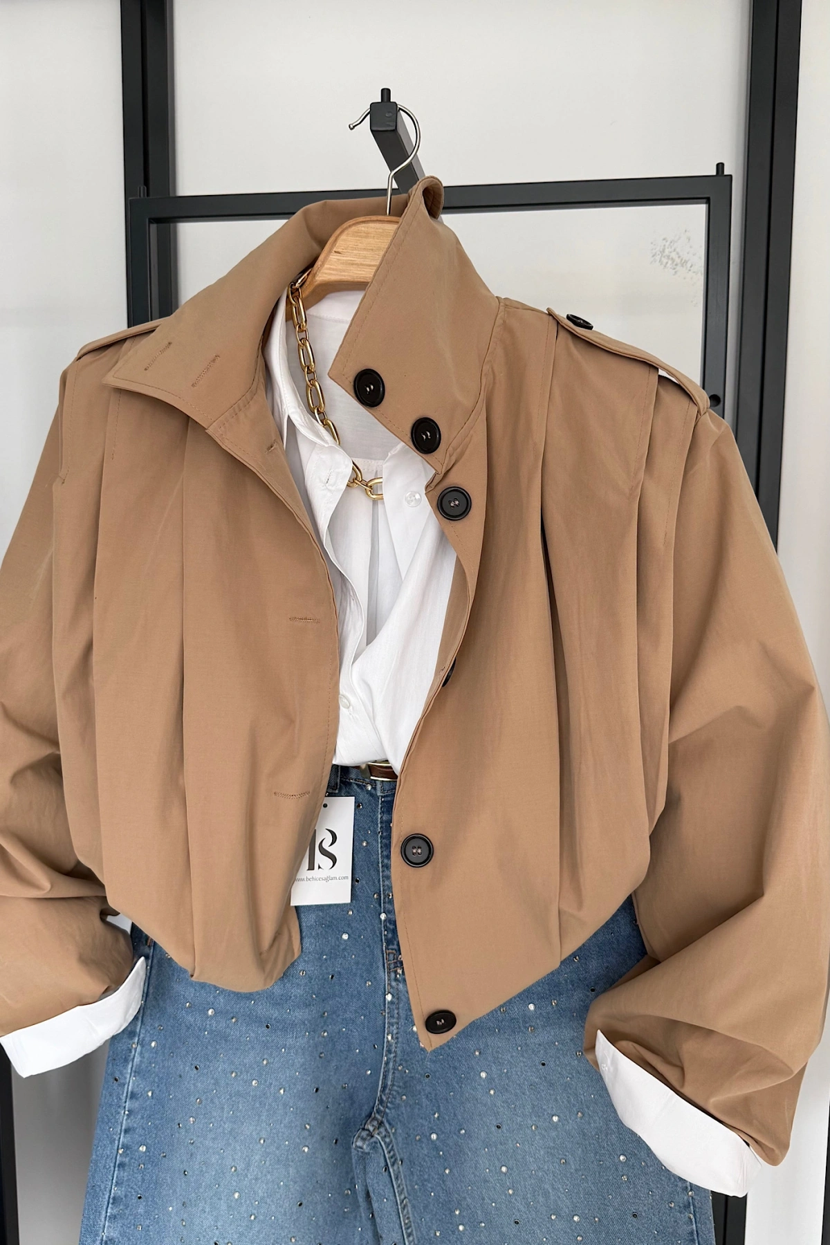 Vatkalı Pile Detay Trenç Camel