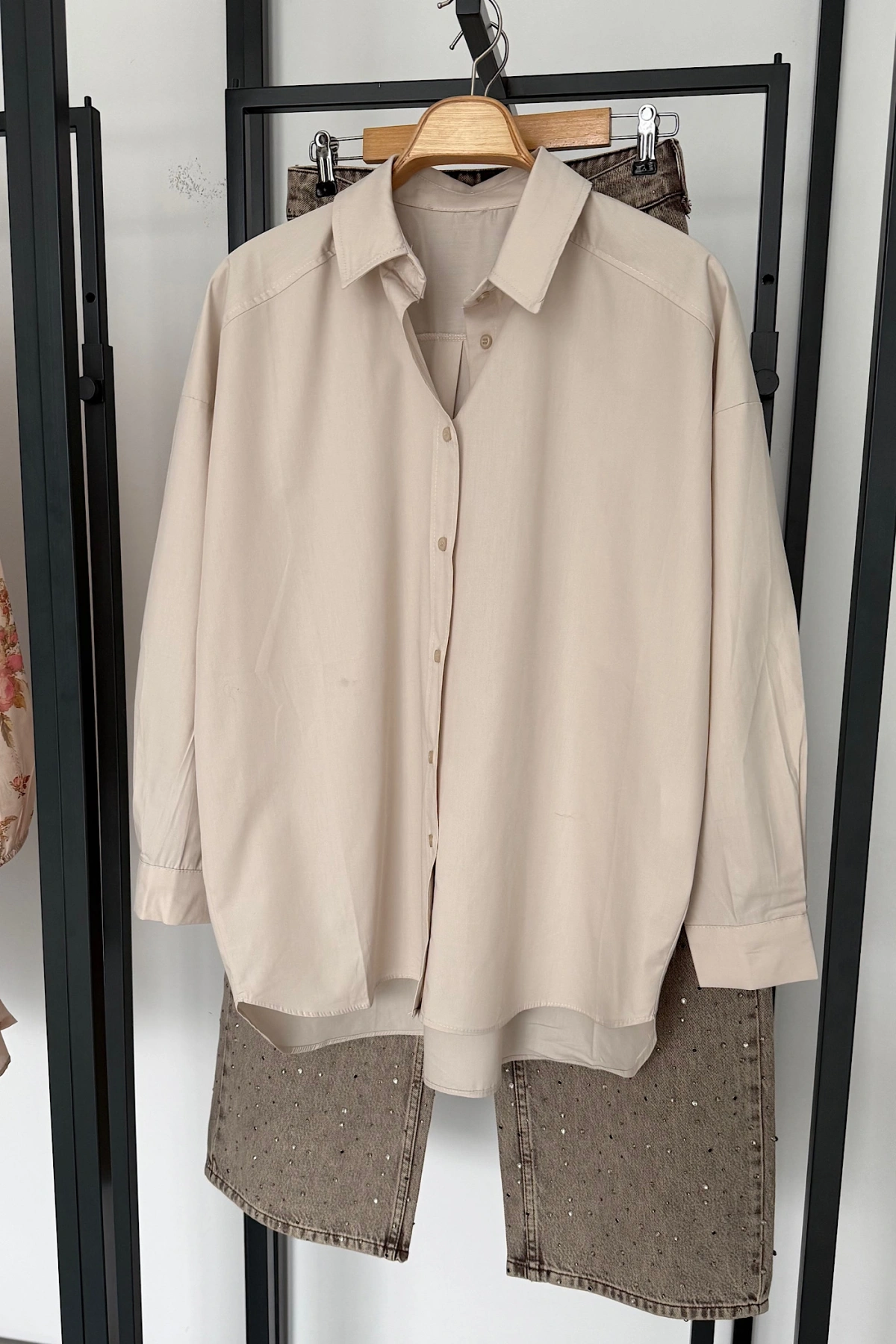 Bs Oversize Poplin Gömlek Taş