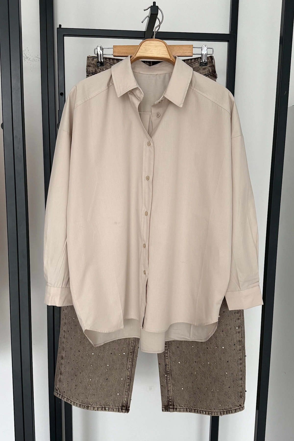 Bs Oversize Poplin Gömlek Taş