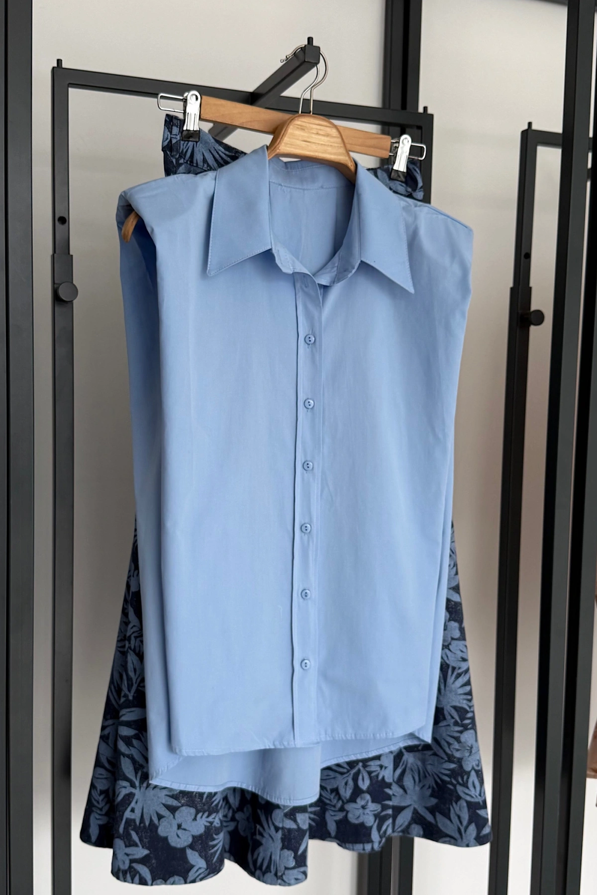 Vatkalı Kısa Kol Gömlek Mavi