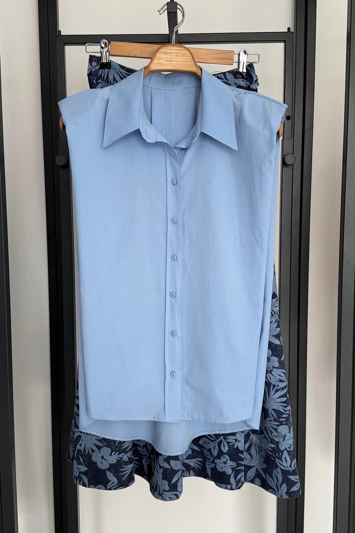 Vatkalı Kısa Kol Gömlek Mavi