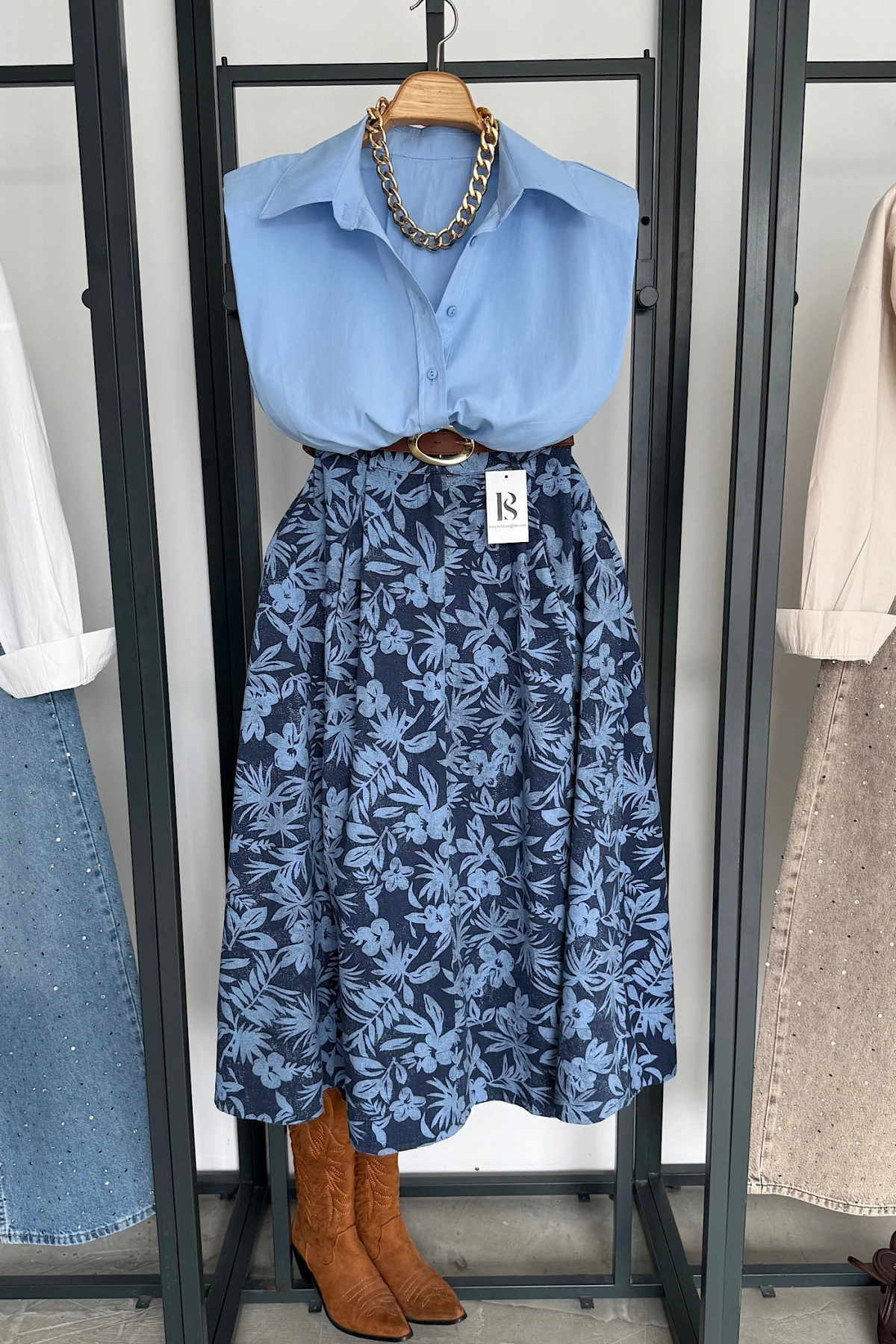 Cepli Gabardin Kloş Etek Lacivert