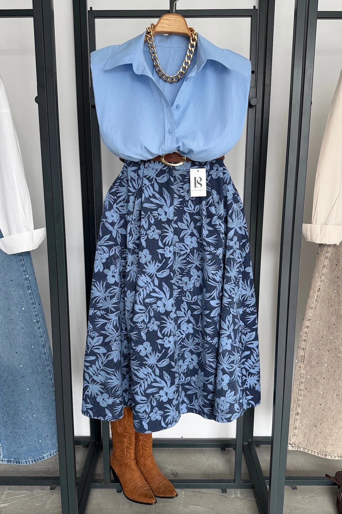 Cepli Gabardin Kloş Etek Lacivert