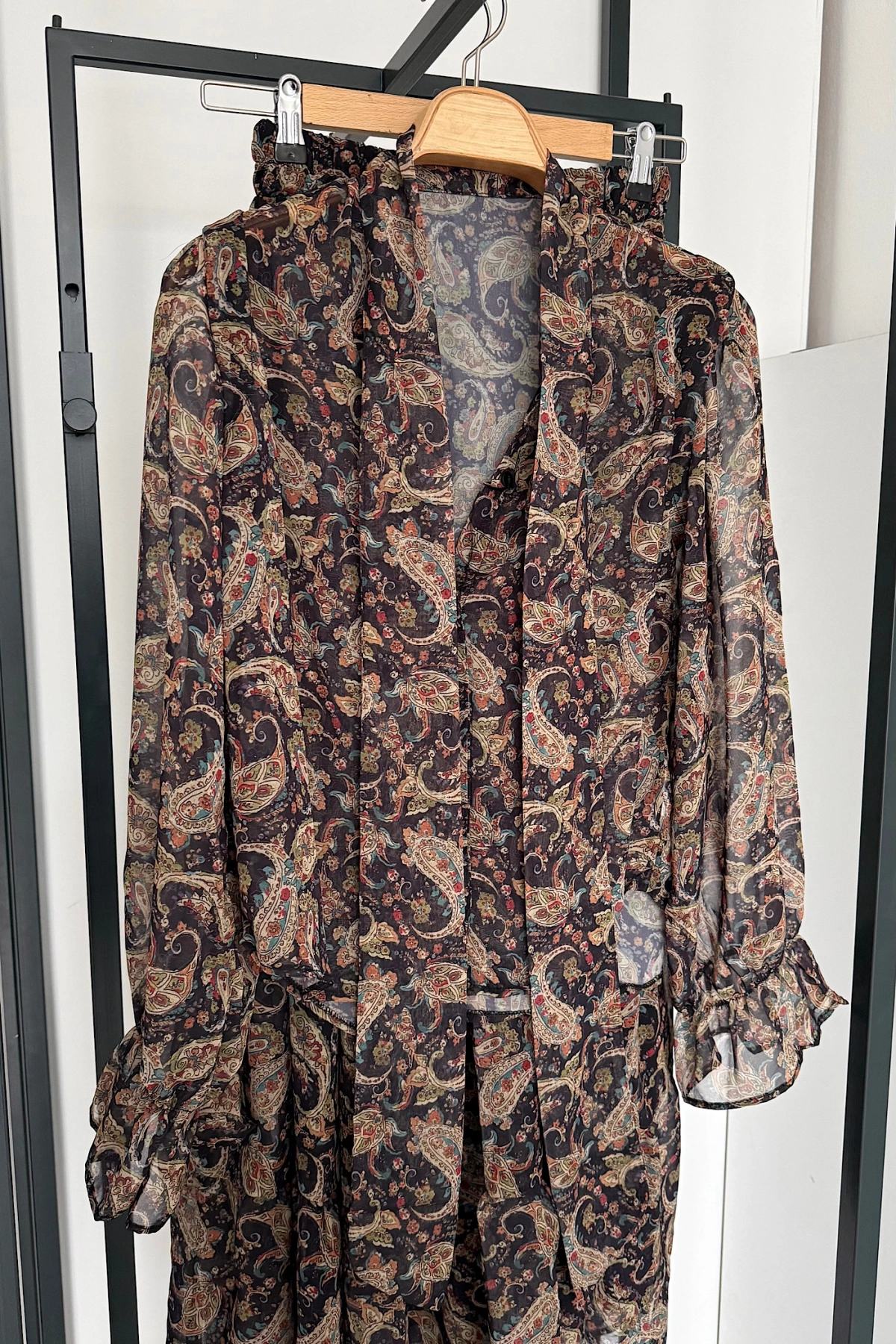 Fiyonklu Gömlek Kat Etekli Şifon Takım Yeşil