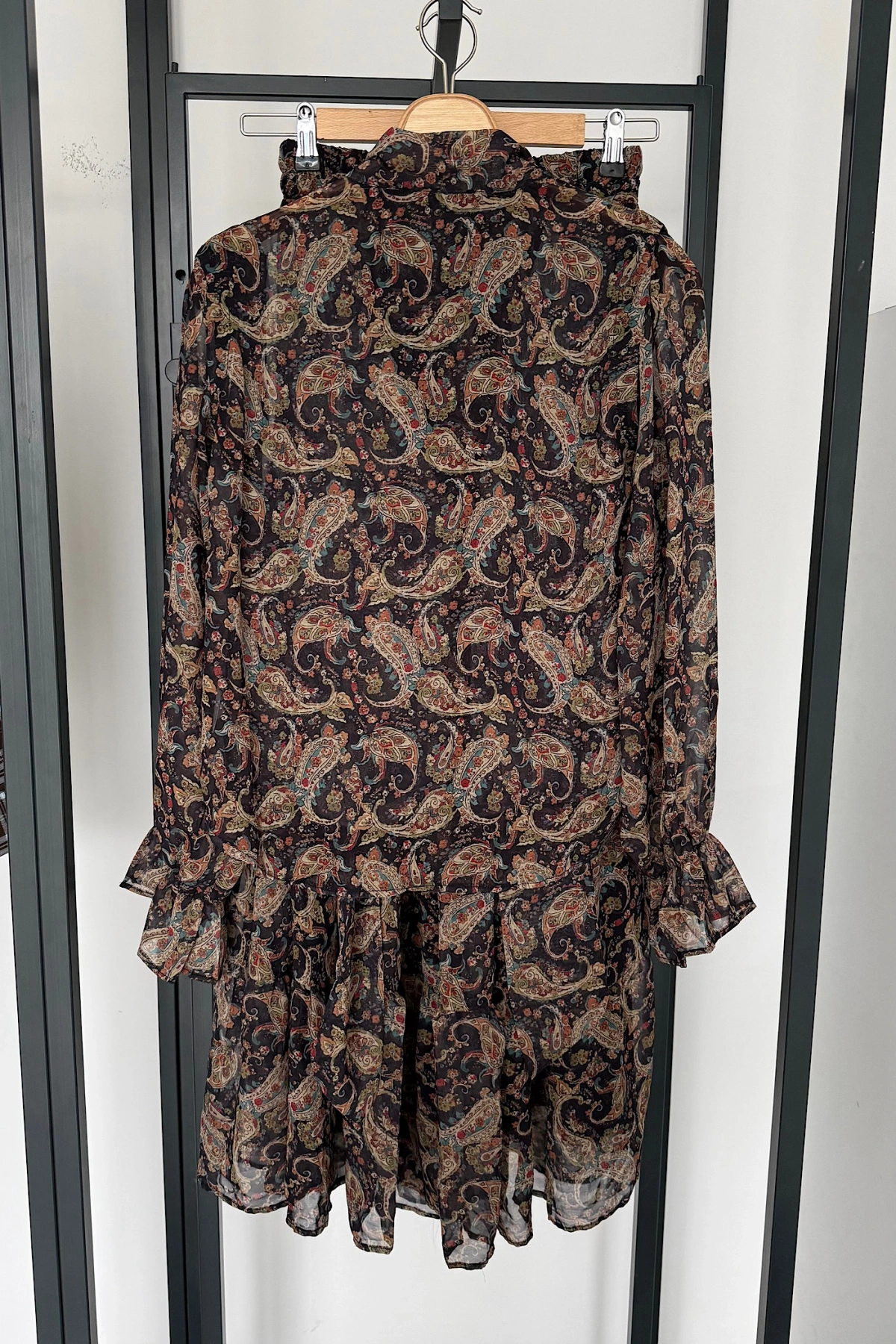 Fiyonklu Gömlek Kat Etekli Şifon Takım Yeşil