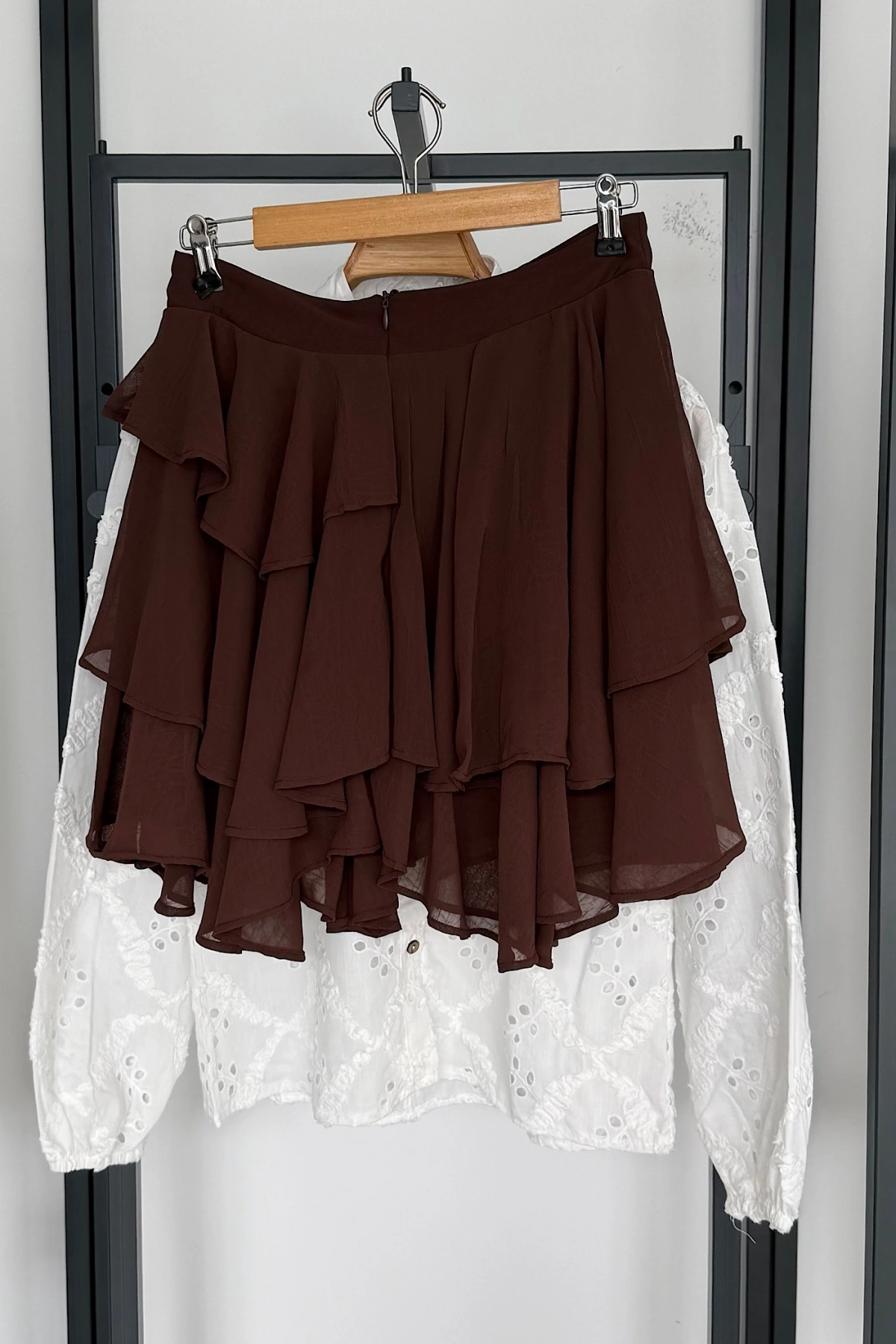 Fırfırlı Mini Şifon Etek Kahverengi