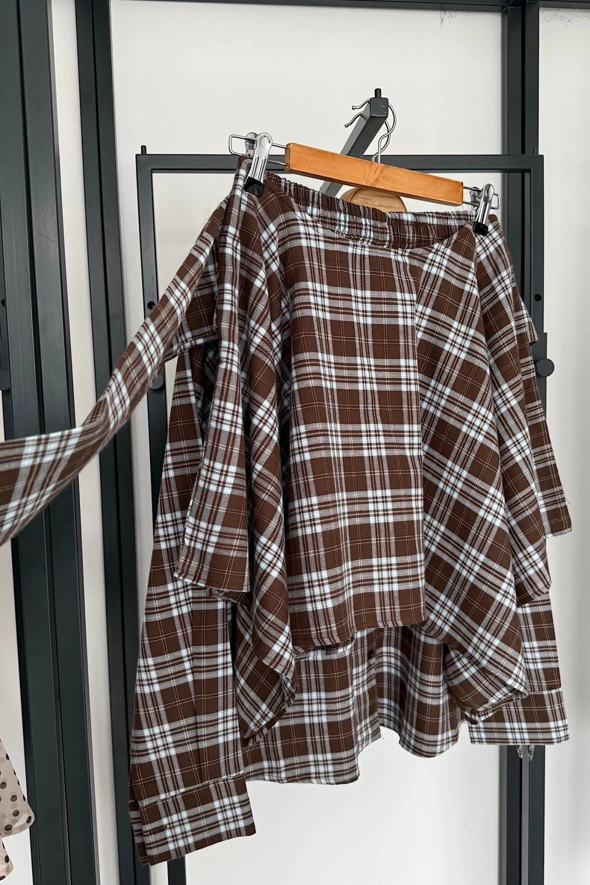 Tasarım Etekli Gömlek Takım Kahve-Mavi