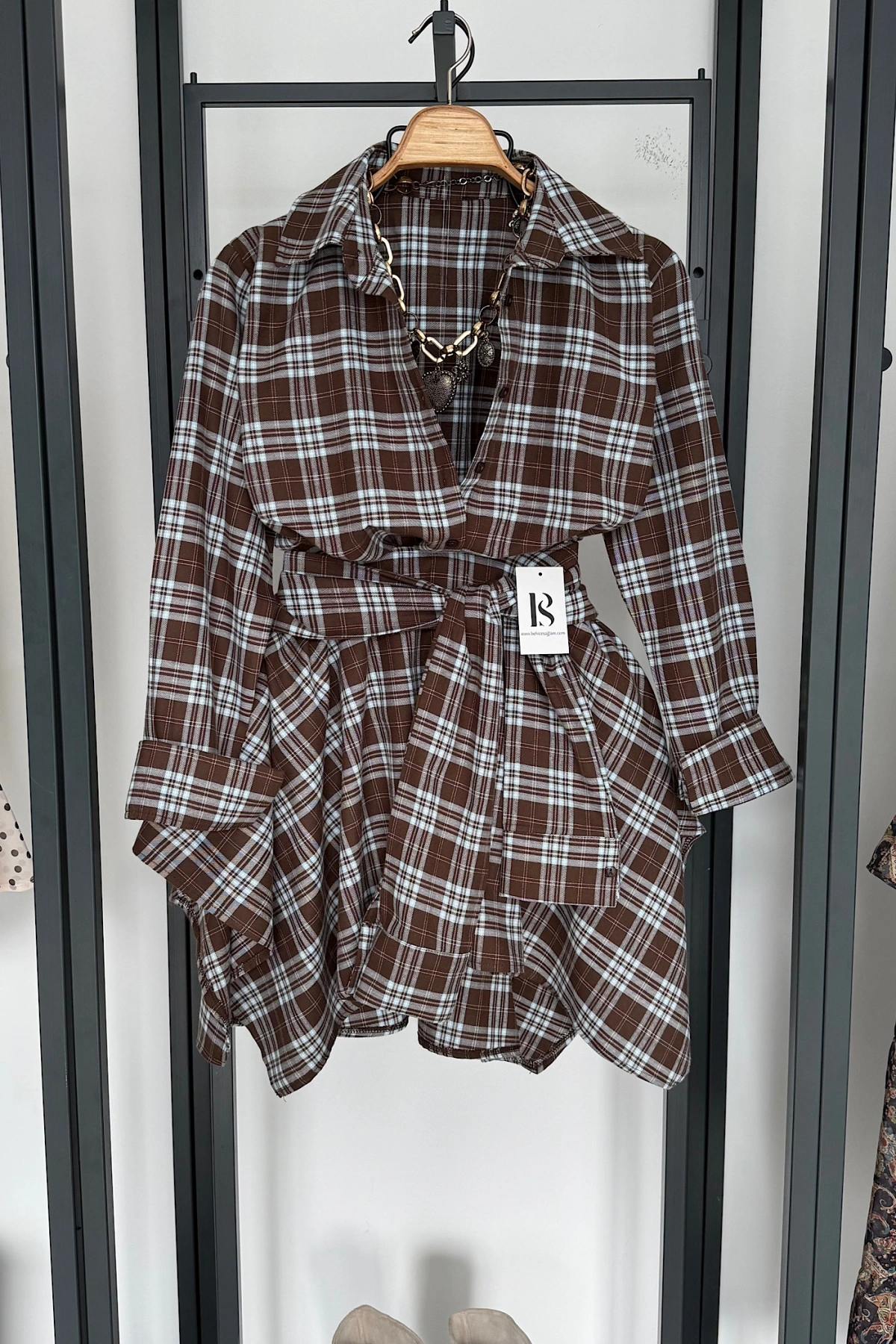 Tasarım Etekli Gömlek Takım Kahve-Mavi