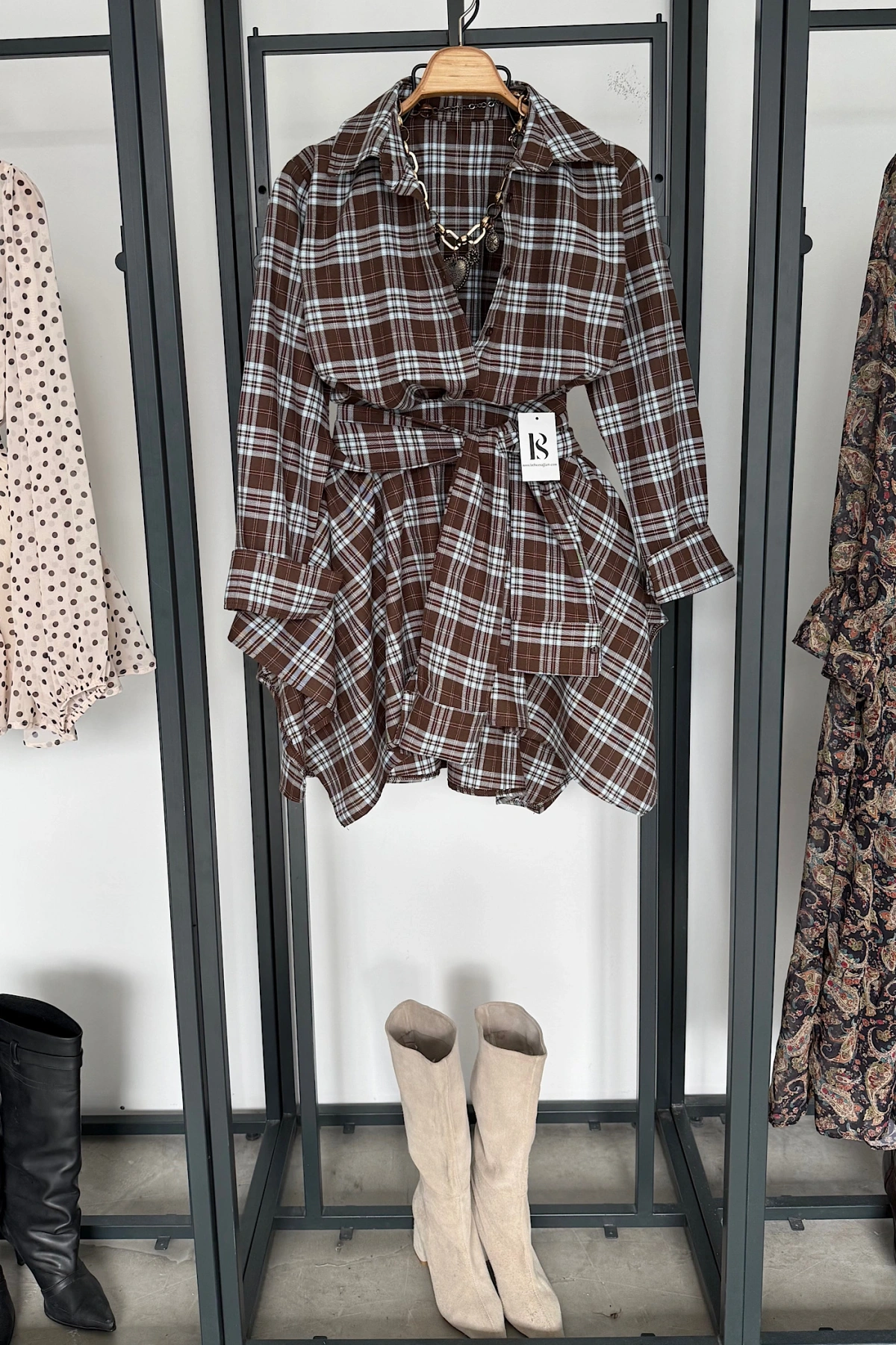 Tasarım Etekli Gömlek Takım Kahve-Mavi