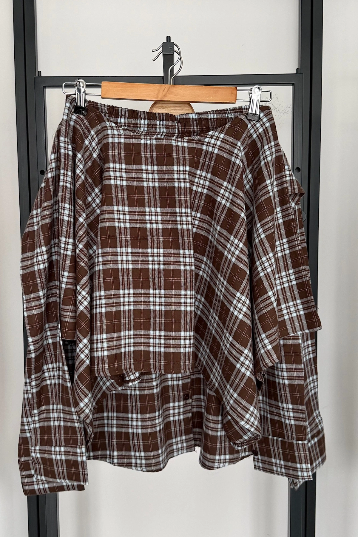 Tasarım Etekli Gömlek Takım Kahve-Mavi