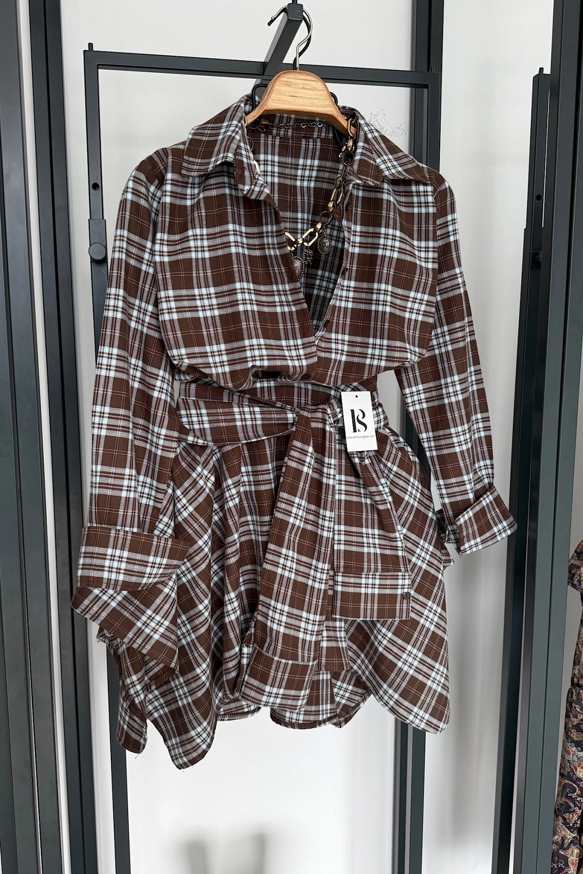 Tasarım Etekli Gömlek Takım Kahve-Mavi