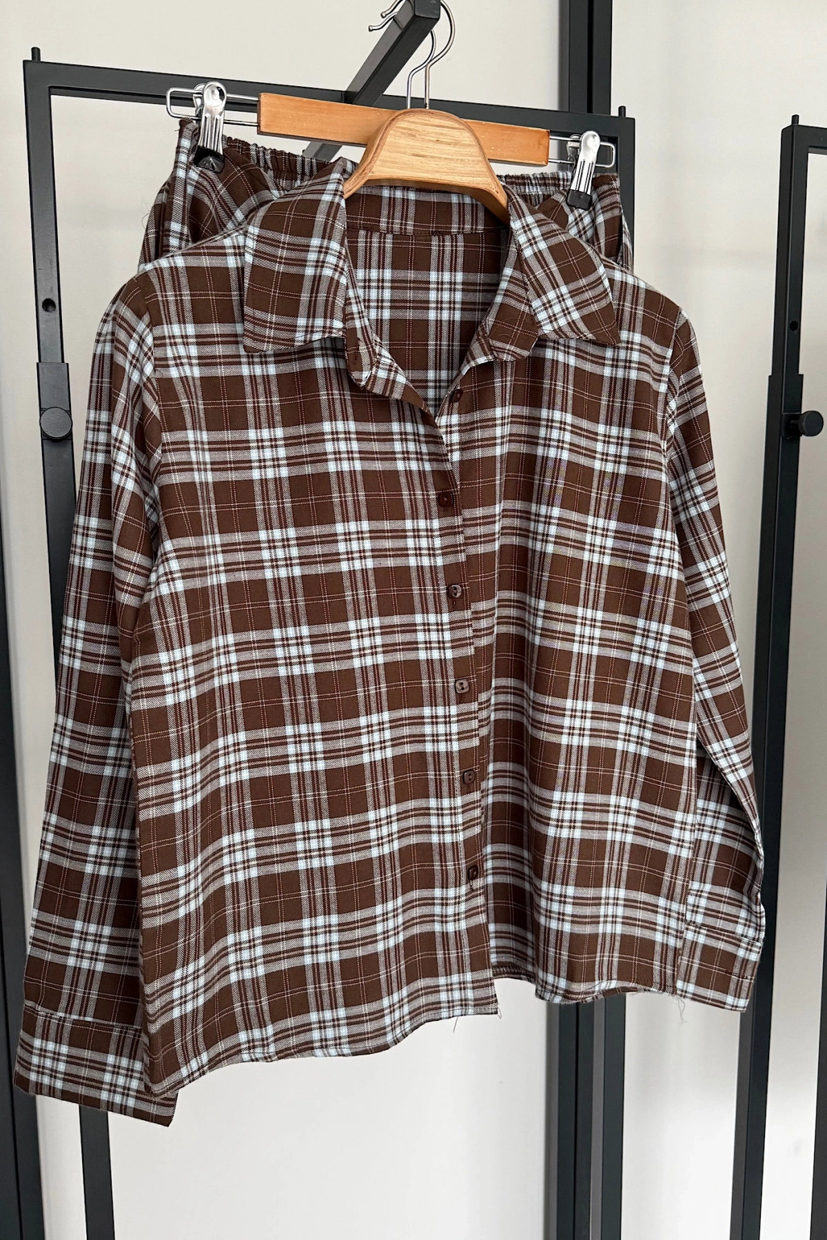 Tasarım Etekli Gömlek Takım Kahve-Mavi