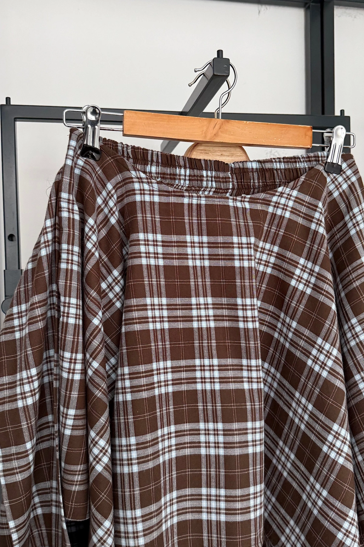 Tasarım Etekli Gömlek Takım Kahve-Mavi