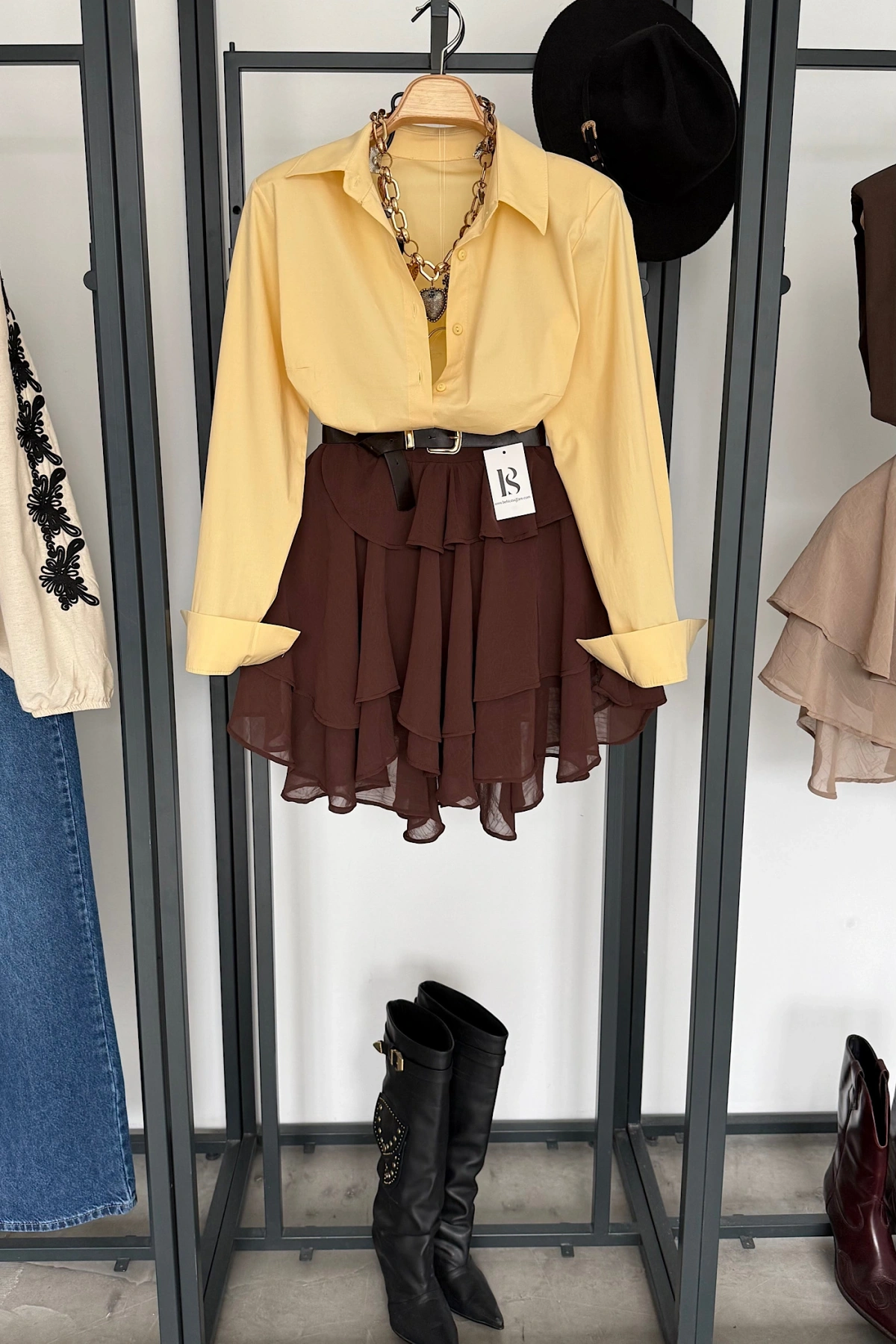 Fırfırlı Mini Şifon Etek Kahverengi