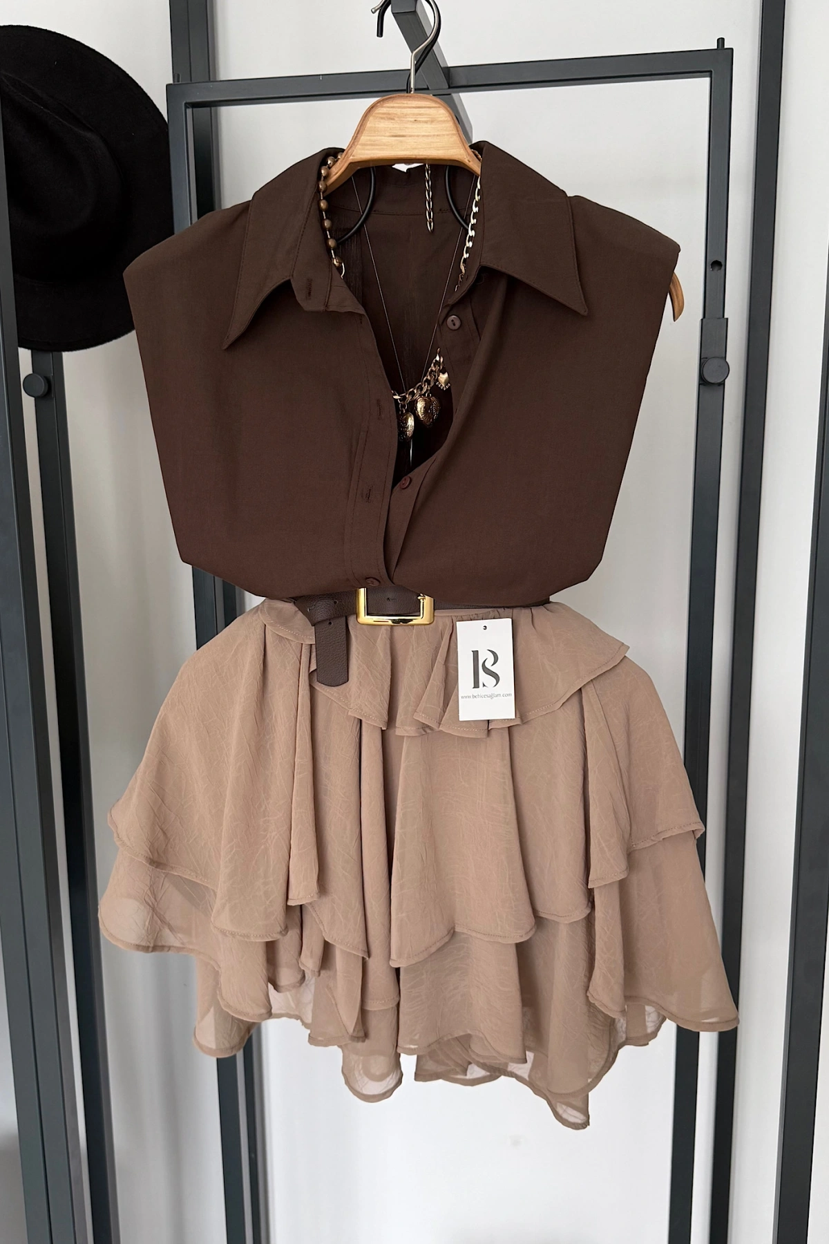 Fırfırlı Mini Şifon Etek Camel