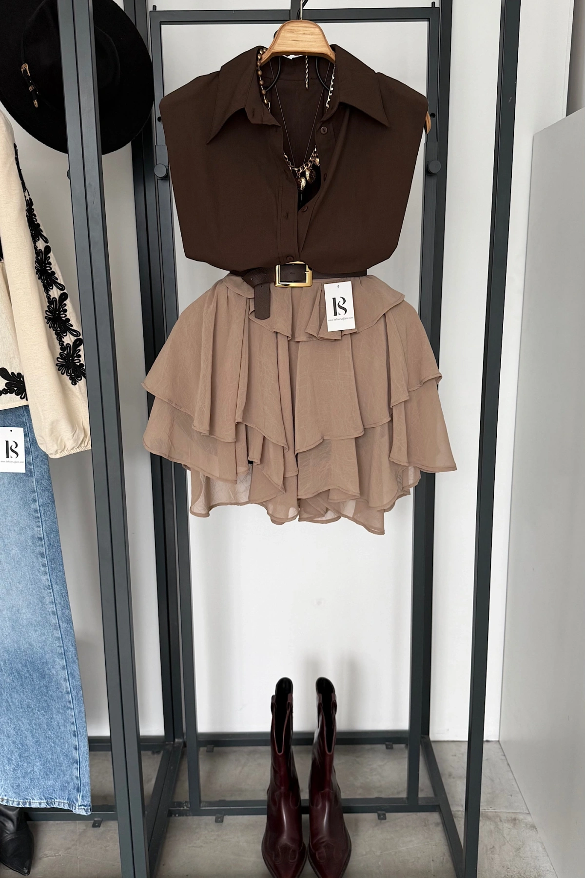 Fırfırlı Mini Şifon Etek Camel