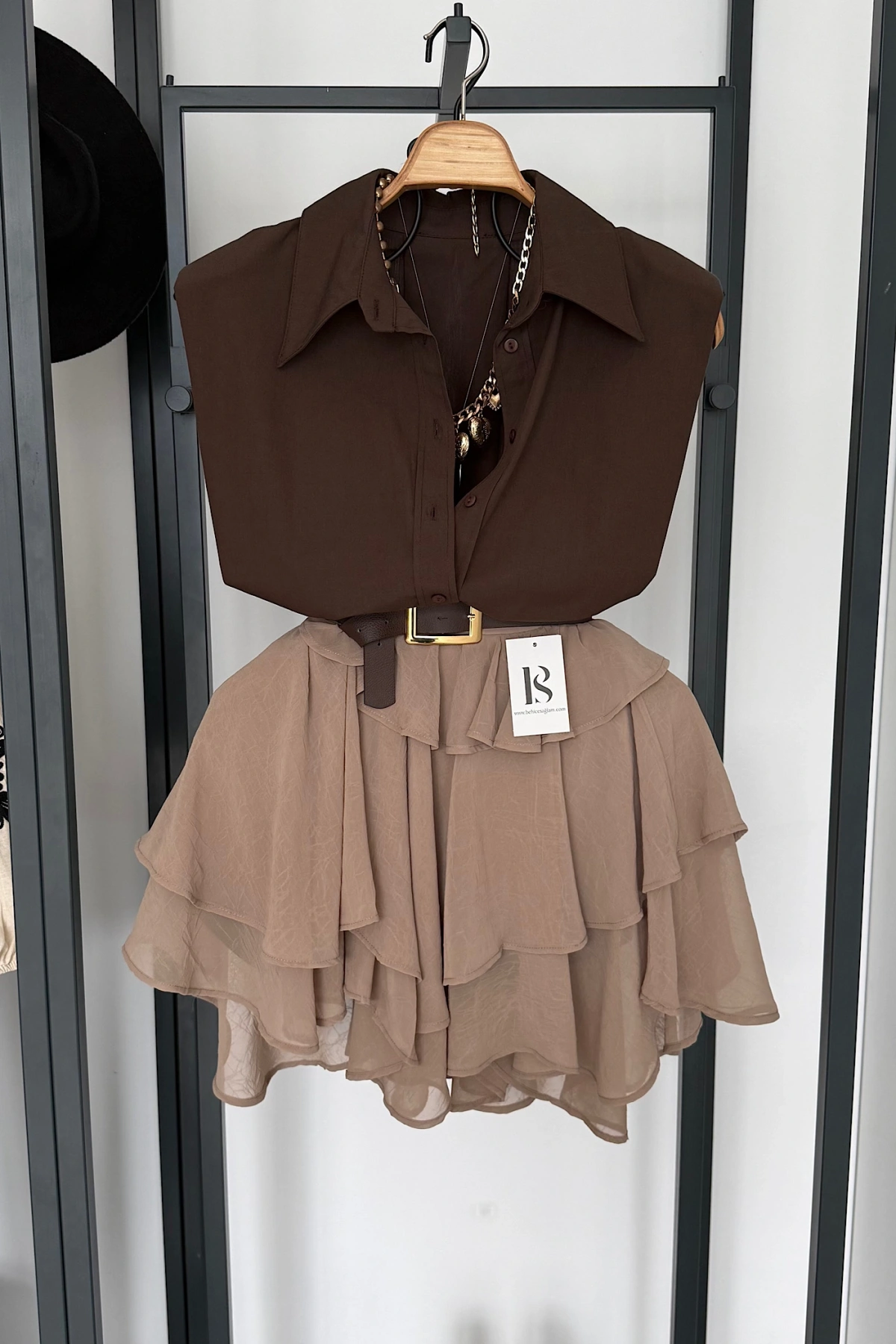 Fırfırlı Mini Şifon Etek Camel