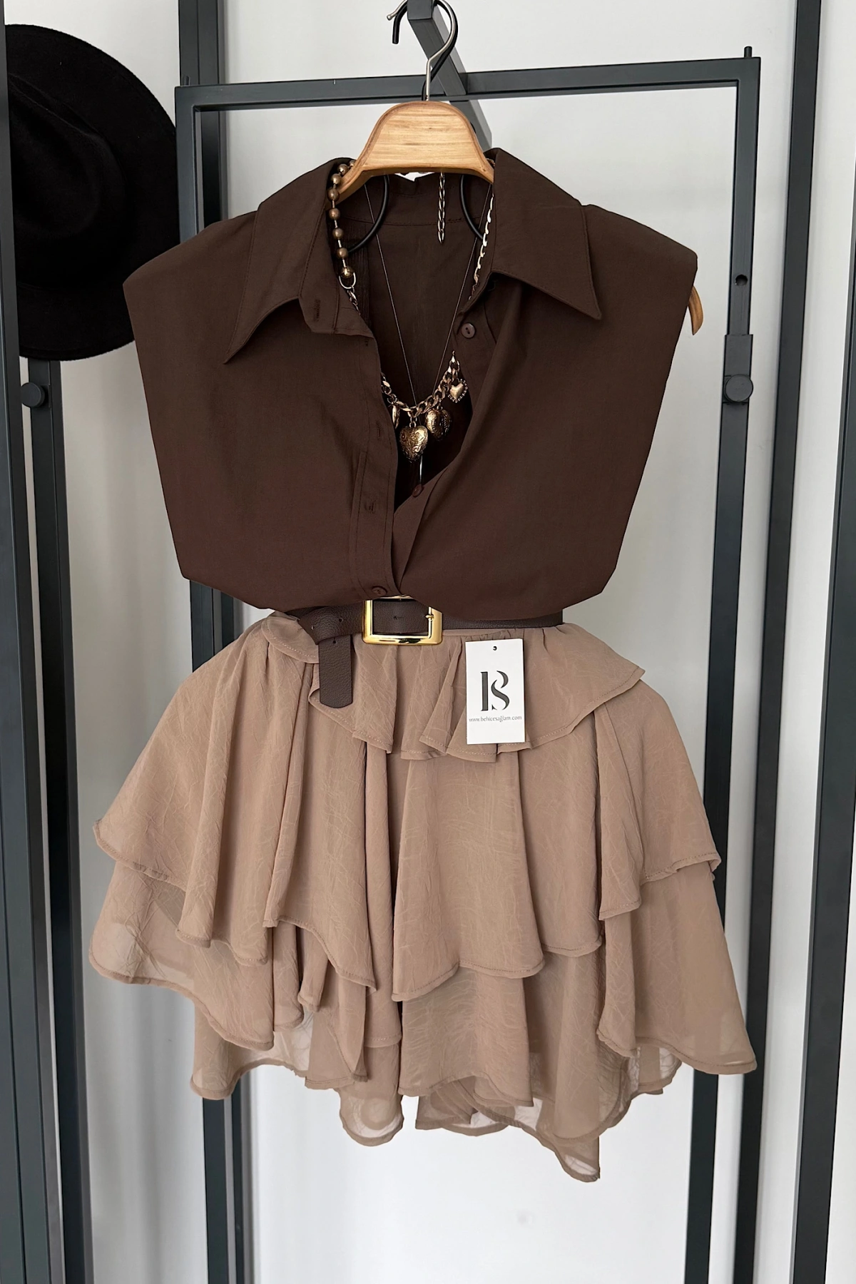 Fırfırlı Mini Şifon Etek Camel