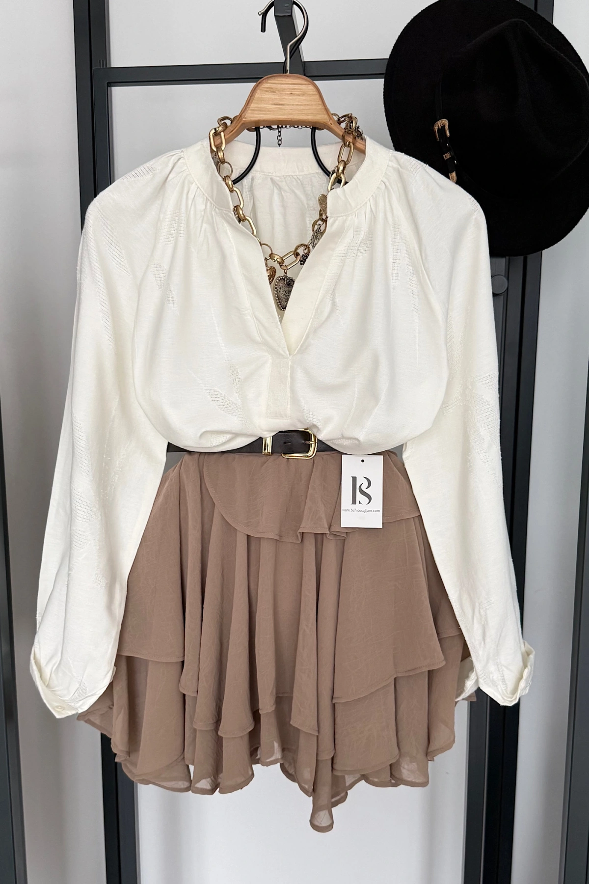 Fırfırlı Mini Şifon Etek Camel